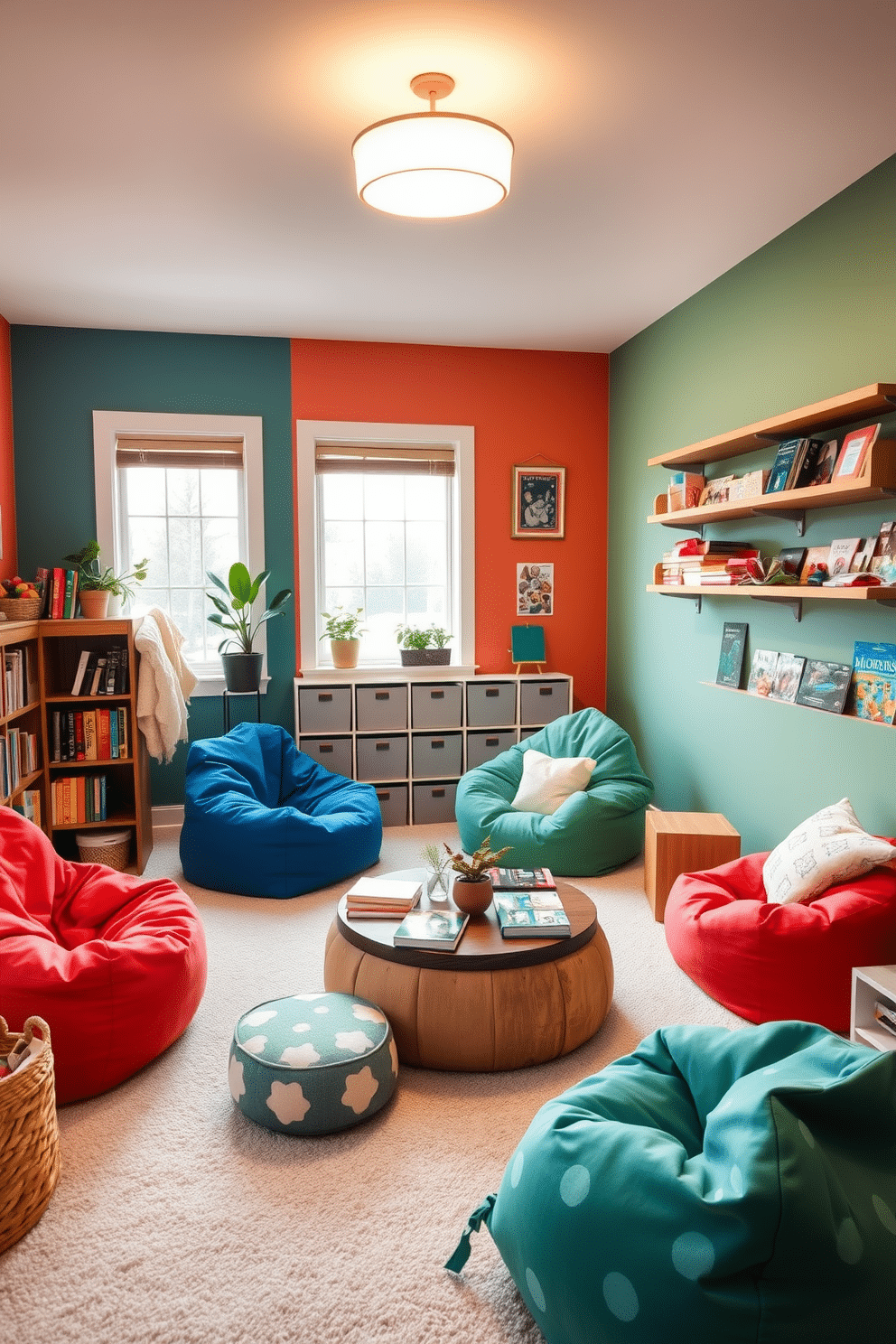 Cozy reading nook with bean bags. Soft lighting creates a warm atmosphere, while large windows let in natural light. Plush bean bags in vibrant colors are scattered around a low, round table filled with books. A small bookshelf stands against the wall, adorned with potted plants and cozy blankets. Basement playroom design ideas. The space features bright, playful colors on the walls, with a large carpeted area for play. A variety of toys and games are organized in stylish storage bins, while a cozy corner with bean bags invites relaxation. Wall-mounted shelves display books and art supplies, creating an inspiring environment for creativity.