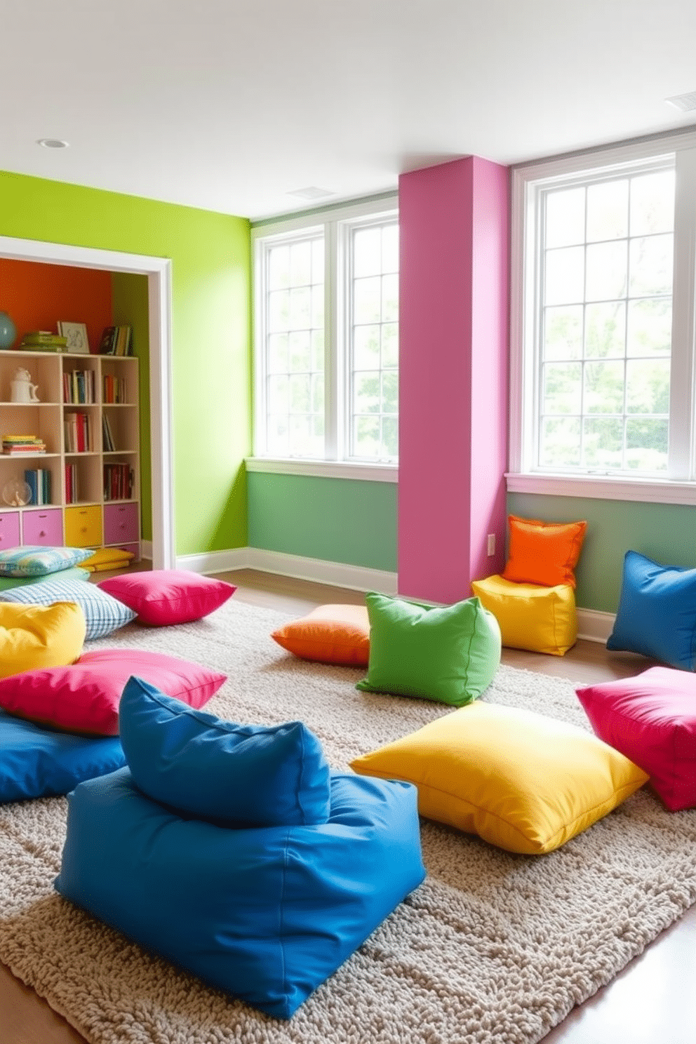 A vibrant basement playroom filled with playful seating options like colorful floor cushions scattered across a soft, textured rug. The walls are painted in bright, cheerful colors, and large windows allow natural light to flood the space, creating an inviting atmosphere for children to play and relax.