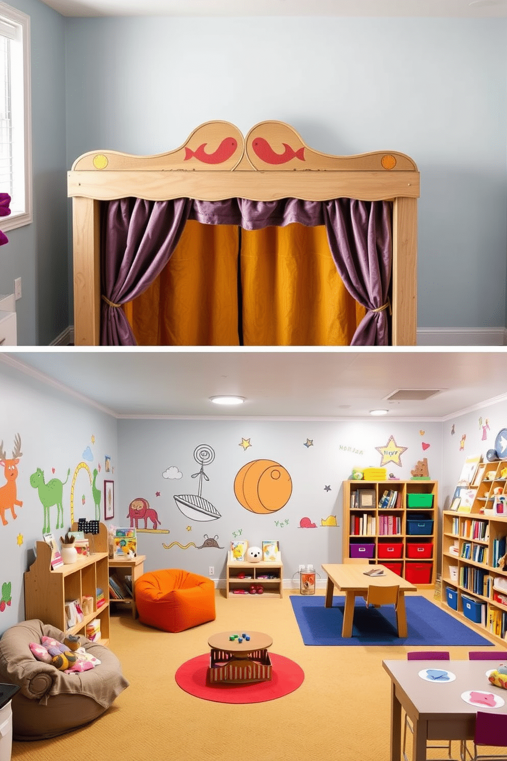 A whimsical DIY puppet theater designed for creative play, featuring a colorful fabric backdrop and a sturdy wooden frame. The stage is adorned with hand-painted details and a velvet curtain that can be drawn open to reveal the performance area. A vibrant basement playroom designed for imaginative exploration, with soft foam flooring and playful wall decals. The space includes a cozy reading nook with bean bags and shelves filled with books, alongside a craft station equipped with art supplies and a large table for projects.