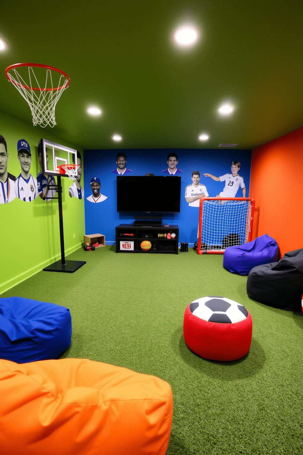 A vibrant sports-themed area designed for a basement playroom. The space features a bright color palette with wall decals of famous athletes and a turf-style carpet that mimics a sports field. Mini equipment like a basketball hoop, soccer net, and a small gym area with weights are strategically placed. Comfortable bean bags and a large flat-screen TV create a fun viewing area for sports games and movie nights.