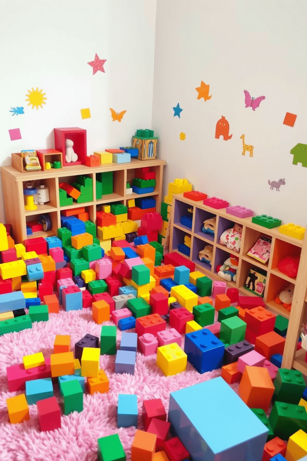 A vibrant building blocks corner filled with an array of colorful blocks in various sizes, encouraging creativity and play. The area features a soft, plush rug in bright colors, providing a comfortable space for children to sit and build. The walls are painted in a cheerful pastel hue, adorned with playful wall decals of shapes and animals. A low wooden shelf nearby holds additional toys and books, keeping the play area organized and inviting.