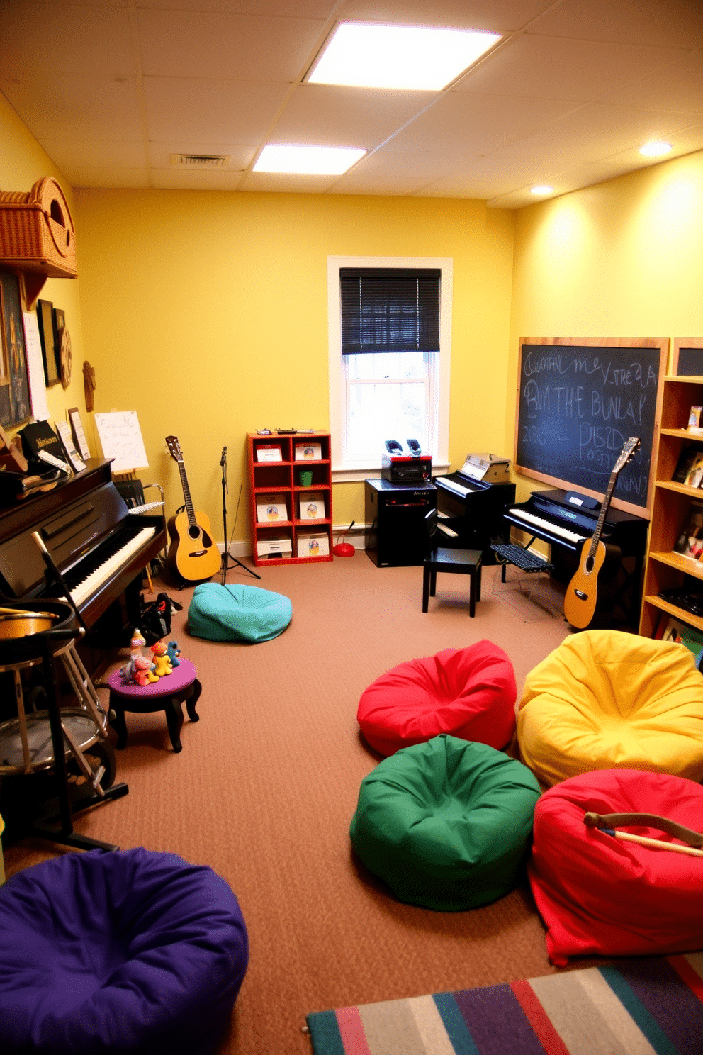 A cozy music corner designed for exploration. This space features a variety of instruments, including a grand piano, a guitar stand, and a collection of percussion instruments arranged invitingly. The basement playroom is a vibrant and playful environment. It includes colorful bean bags, a chalkboard wall, and a small stage area for performances, all illuminated by soft, adjustable lighting.