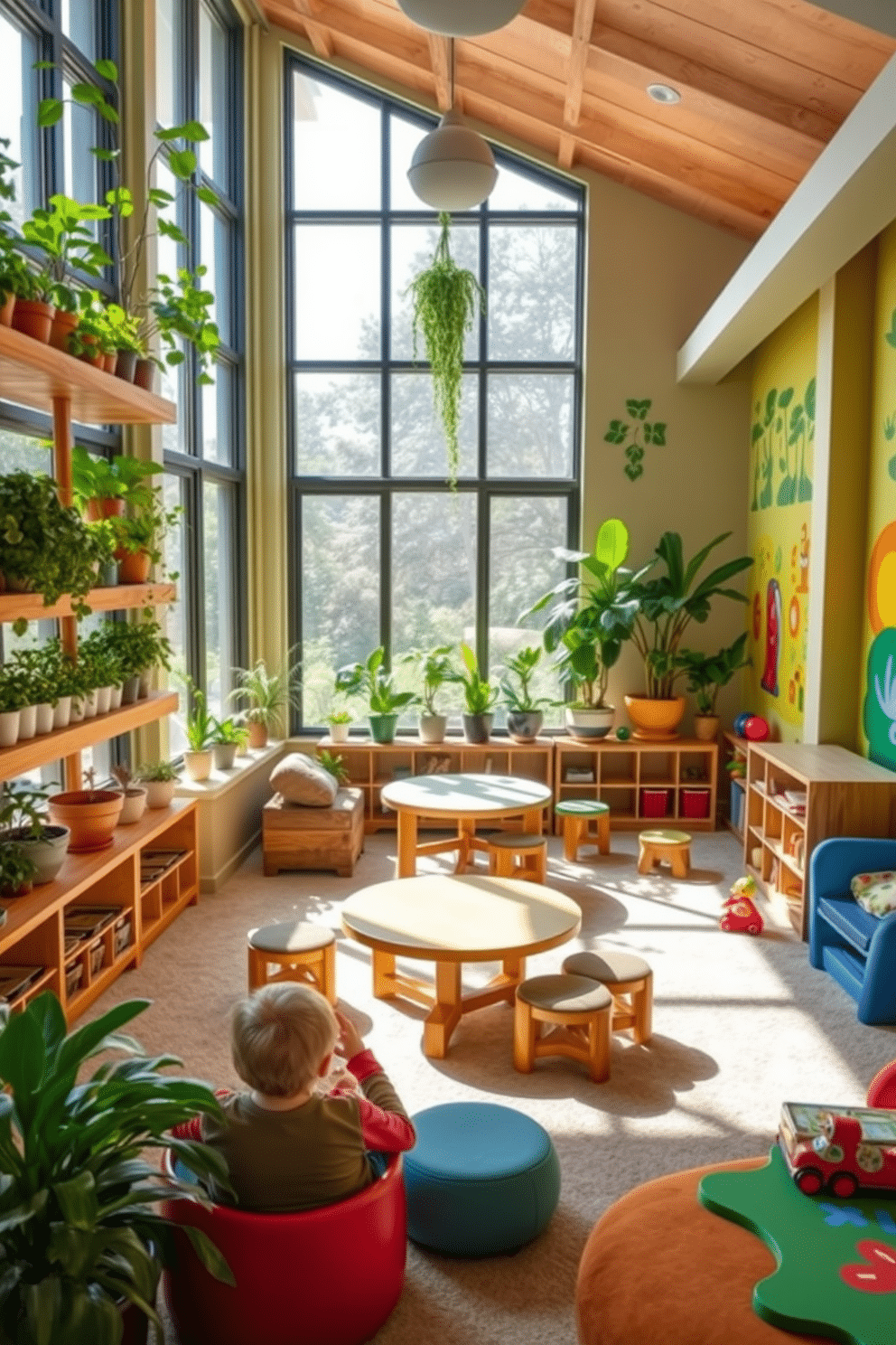 A nature-themed indoor garden designed for learning features a variety of potted plants arranged on tiered wooden shelves, creating a lush, green environment. Sunlight filters through large windows, illuminating a central table surrounded by comfortable seating, ideal for group activities and exploration. The basement playroom design incorporates vibrant colors and playful elements, with a soft, cushioned floor for safety. Brightly painted walls display whimsical murals, while a combination of interactive toys and cozy reading nooks encourages creativity and relaxation.