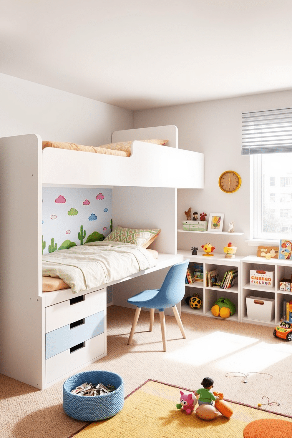 Transformable furniture for growing kids. A sleek, modular bed that can be adjusted in height and size as the child grows, paired with a versatile desk that can be converted from a study area to a craft station. Basement playroom design ideas. A vibrant space featuring colorful wall decals and soft, durable flooring, with designated zones for different activities like a reading nook, an arts and crafts corner, and a play area filled with interactive toys.