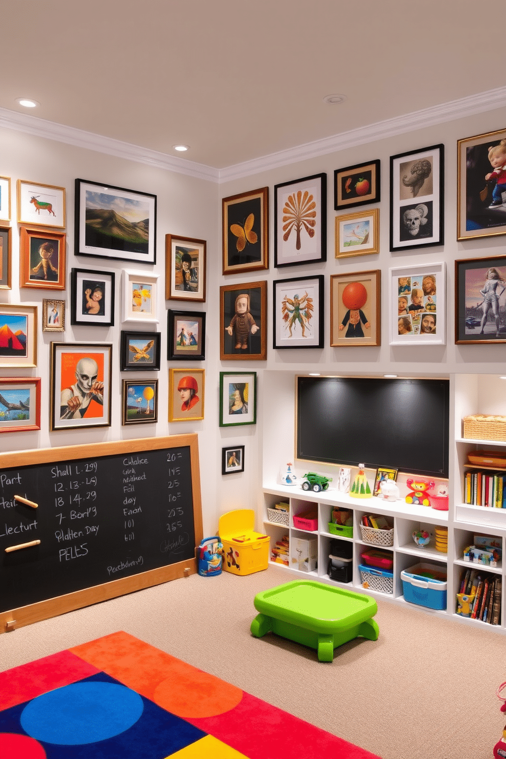 A stunning art gallery wall featuring an array of framed artworks in various sizes. The wall is painted in a soft white to enhance the colors of the artwork, with stylish track lighting illuminating each piece. A vibrant basement playroom designed for creativity and fun. The space includes a colorful rug, a large chalkboard wall, and built-in shelves filled with toys and books, creating an inviting atmosphere for children to play and explore.