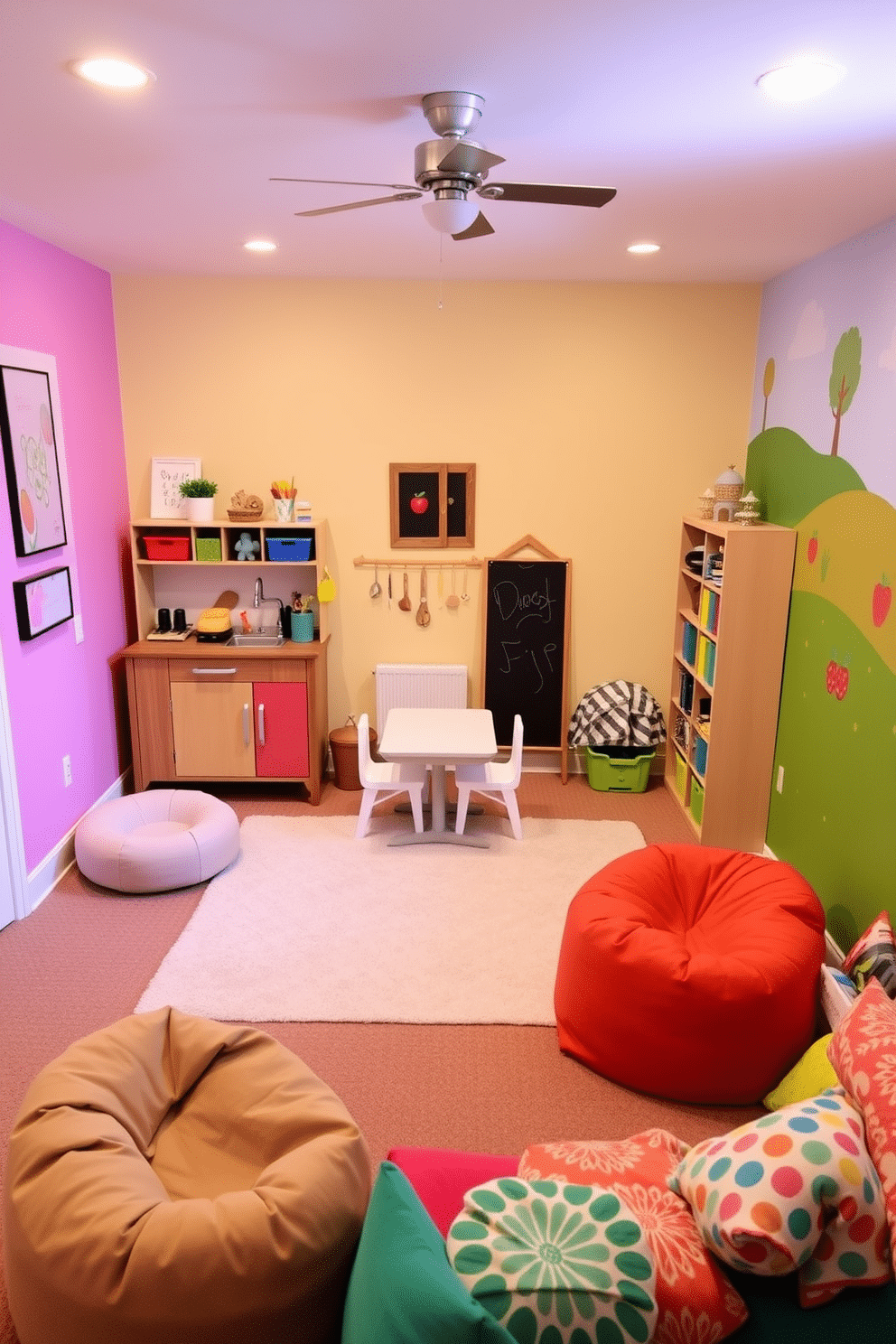 A cozy mini kitchen setup designed for role-playing fun. It features a compact wooden kitchenette with a small sink, a toy stove, and colorful cabinets filled with pretend food items. The walls are painted in bright, cheerful colors, creating an inviting atmosphere. A small table with child-sized chairs sits in the center, surrounded by playful decor like fruit-themed wall art and a chalkboard for drawing. A vibrant basement playroom designed for imaginative play and creativity. The space includes a large soft rug, bean bags, and a variety of toys organized in colorful bins. Brightly colored wall murals depict a whimsical landscape, providing an inspiring backdrop. A small reading nook with bookshelves and cozy cushions invites children to explore stories in their own special space.