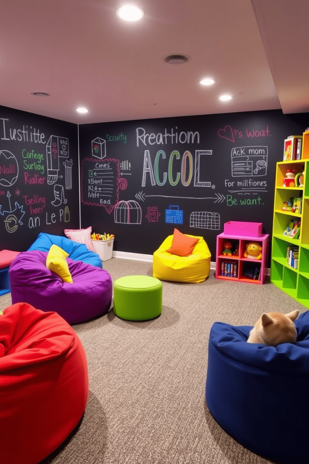 A vibrant basement playroom designed for creativity features an interactive chalkboard wall that invites artistic expression. The space is filled with colorful bean bags and modular furniture, creating a playful atmosphere for kids to engage in various activities. The flooring is a soft, durable carpet that provides comfort while playing. Brightly colored shelves display books and toys, enhancing the room's cheerful aesthetic.