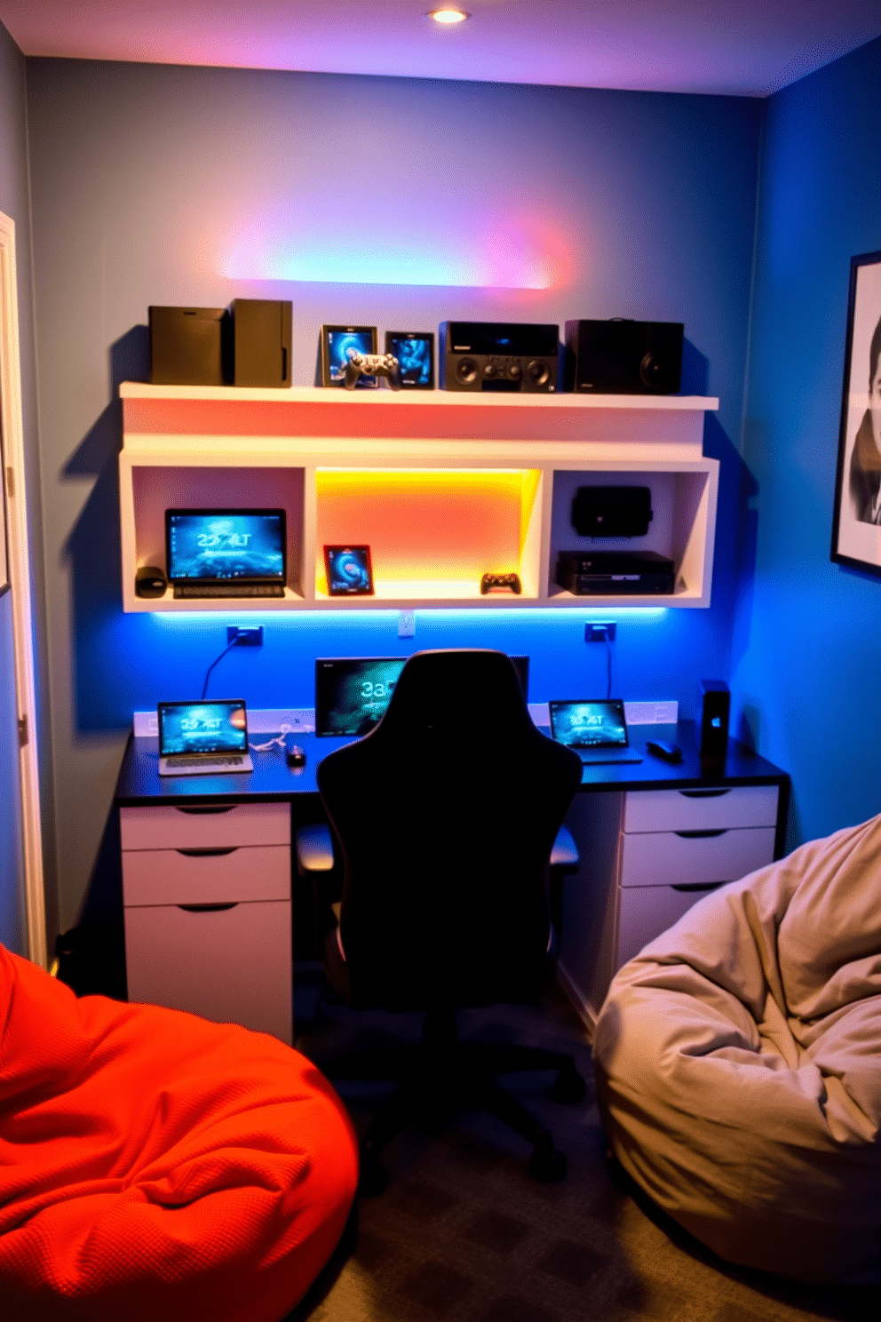 A modern tech corner designed for gaming and productivity. It features a sleek desk with multiple tablets and gaming consoles neatly arranged, complemented by colorful LED strip lighting along the shelves. The walls are painted in a vibrant blue, creating an energetic atmosphere. A comfortable gaming chair sits in front of the desk, while plush bean bags are scattered around for casual seating.