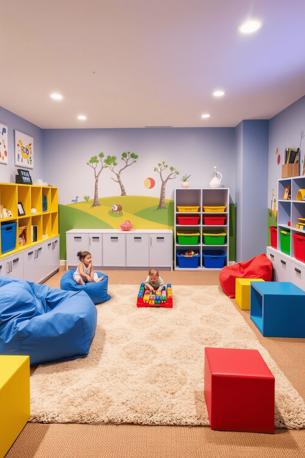 A vibrant basement playroom designed for flexibility features modular furniture that can be easily rearranged to create different activity zones. Brightly colored bean bags and stackable cubes provide comfortable seating for children, while a large, soft rug defines the play area for games and crafts. The walls are adorned with playful murals depicting whimsical scenes, enhancing the imaginative atmosphere. Ample storage solutions, like open shelving and bins, keep toys organized and accessible, ensuring a tidy and inviting space for play.