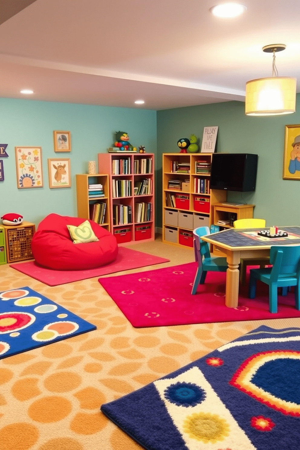 A vibrant playroom in a basement setting features bright area rugs that delineate different activity zones. The rugs come in playful patterns and colors, creating a cheerful atmosphere while providing comfort underfoot. The playroom includes a cozy reading nook with a bean bag chair and shelves filled with books, surrounded by colorful wall art. A dedicated game area showcases a table for board games, complemented by a soft rug that encourages fun and relaxation.