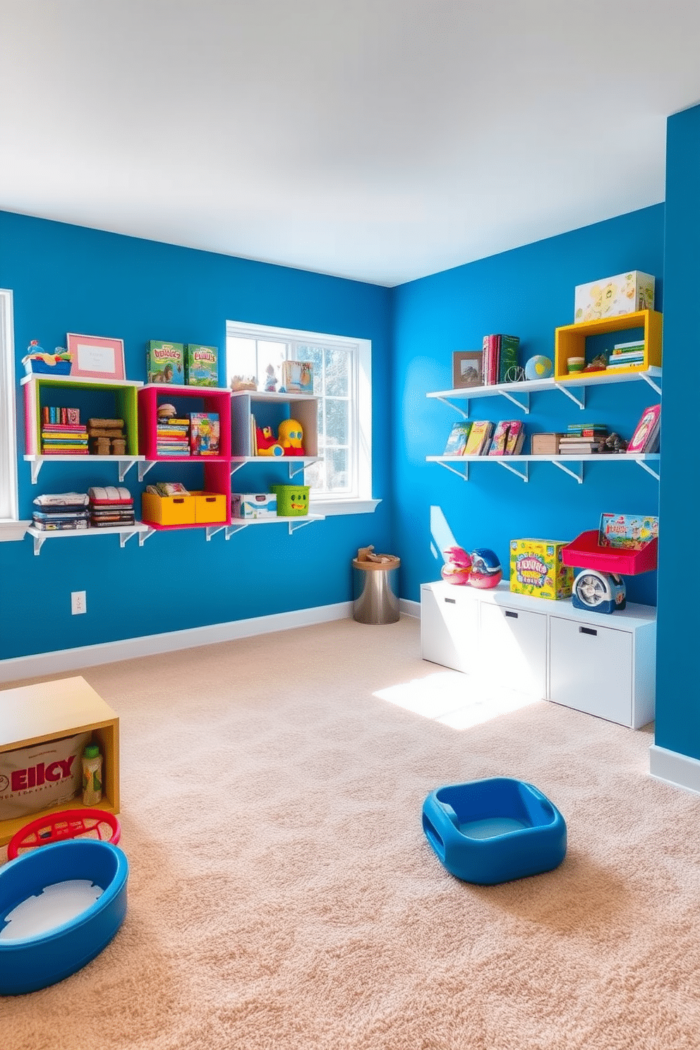 A playful basement playroom with wall-mounted storage for toys and games. The walls are painted in a vibrant blue, and colorful shelving units are installed at varying heights to hold an array of toys and books. Soft, plush carpeting covers the floor, providing a cozy area for children to play. Large, bright windows allow natural light to flood the space, creating an inviting atmosphere for creative activities.