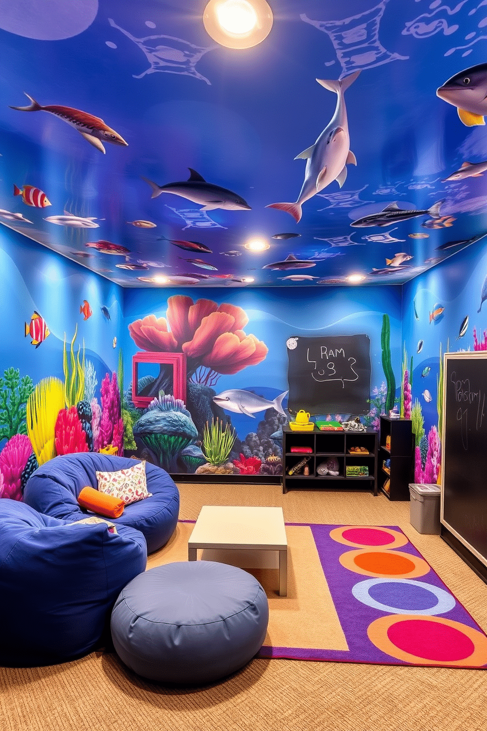 Themed murals depicting vibrant underwater scenes cover the walls, creating an immersive experience that transports users into a magical ocean world. Colorful fish, coral reefs, and playful dolphins swim across the surfaces, while soft ambient lighting enhances the aquatic atmosphere. The basement playroom features a cozy seating area with oversized bean bags and a low coffee table for games and crafts. Brightly colored rugs define the play zones, and a chalkboard wall invites creativity, while playful wall decals add a fun touch to the overall design.