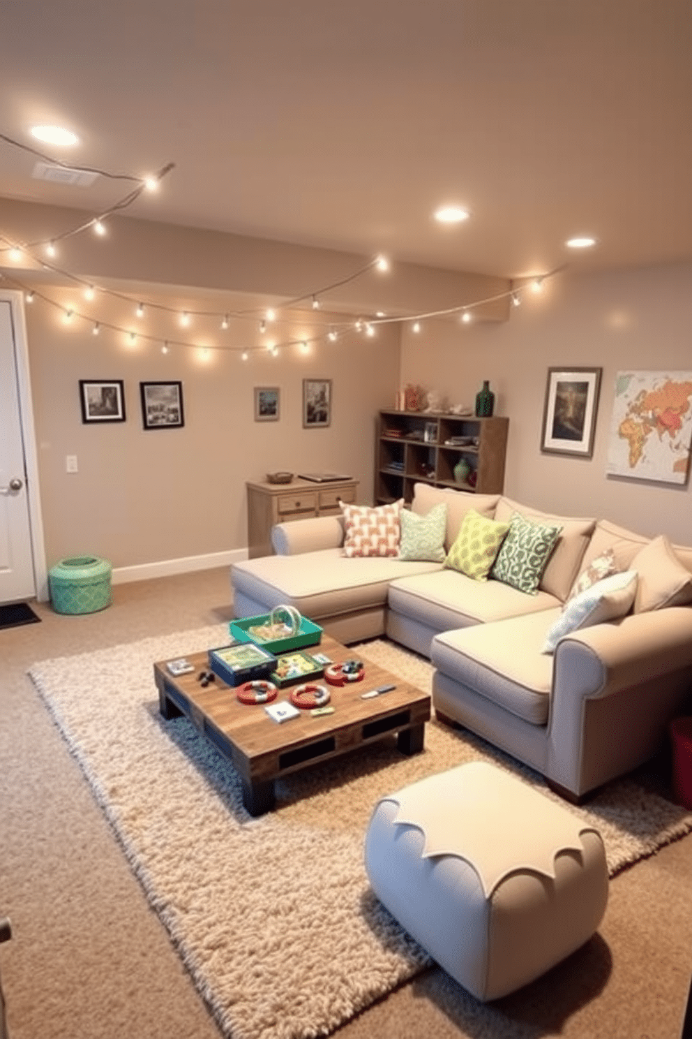 A cozy basement playroom filled with soft lighting from string lights draped across the ceiling. The walls are painted in a cheerful pastel color, and plush rugs cover the floor to create a warm, inviting atmosphere. In one corner, a large sectional sofa is adorned with colorful throw pillows, providing ample seating for family and friends. A low coffee table made of reclaimed wood holds board games and art supplies, encouraging creativity and fun.