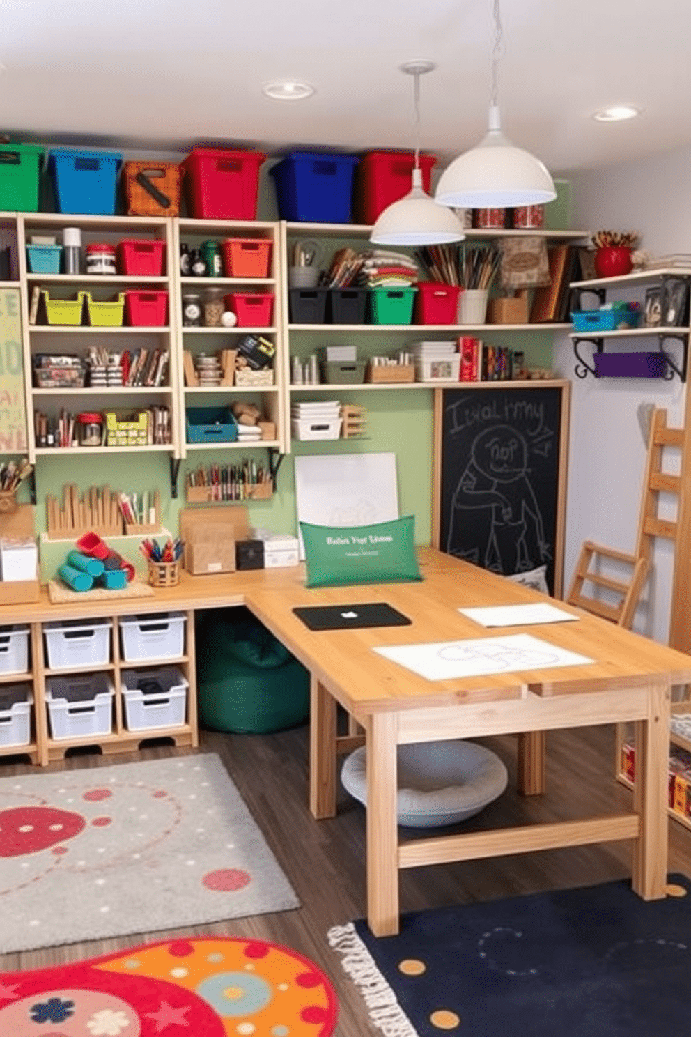 A vibrant creative art station filled with organized supplies. The workspace features a large wooden table surrounded by colorful storage bins and shelves displaying paints, brushes, and canvases. A fun and inviting basement playroom designed for children. The space includes a cozy reading nook with bean bags, a chalkboard wall for drawing, and playful rugs scattered across the floor.