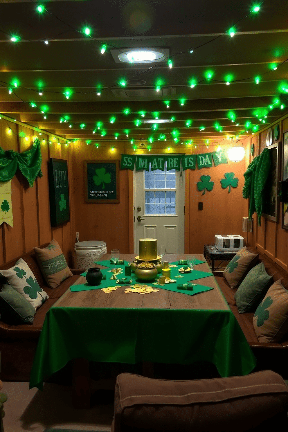 A cozy basement space adorned with green fairy lights strung across the ceiling, casting a warm, inviting glow. The walls are decorated with festive St. Patrick's Day banners and shamrock motifs, creating a cheerful atmosphere for gatherings. A rustic wooden table is set up in the center, featuring a vibrant green tablecloth and an assortment of themed decorations, including gold coins and small pots of gold. Comfortable seating arranged around the table invites guests to relax and enjoy the festive spirit.