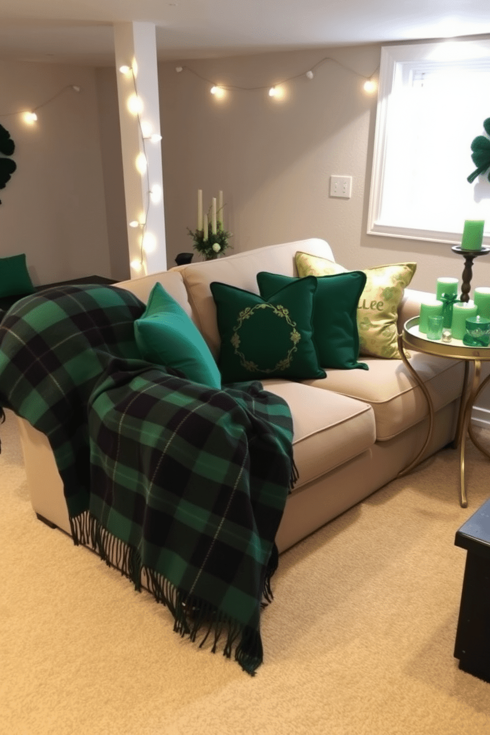 A cozy basement setting adorned for St. Patrick's Day features a large, plush plaid blanket draped over a soft, inviting couch. The room is accented with green and gold decorative pillows, and a festive throw is casually tossed over the armrest, creating a warm and welcoming atmosphere. In one corner, a small table is set with a collection of green candles and shamrock-themed decorations, enhancing the holiday spirit. String lights in soft white illuminate the space, adding a touch of warmth and charm to the basement retreat.