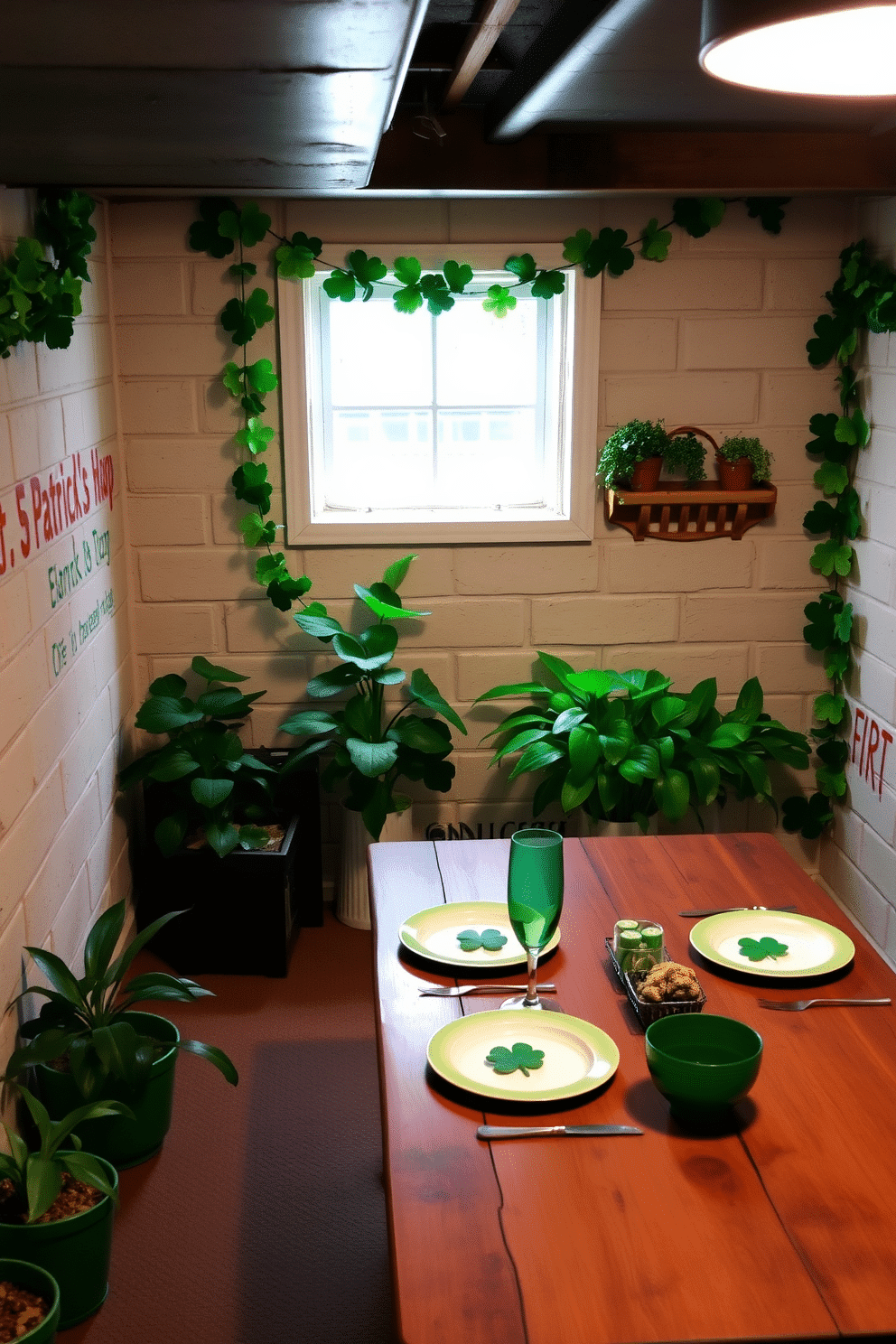 A cozy basement space adorned for St. Patrick's Day, featuring vibrant green potted plants strategically placed in the corners. The walls are decorated with festive garlands of shamrocks, and a rustic wooden table is set with themed tableware, creating a warm and inviting atmosphere.