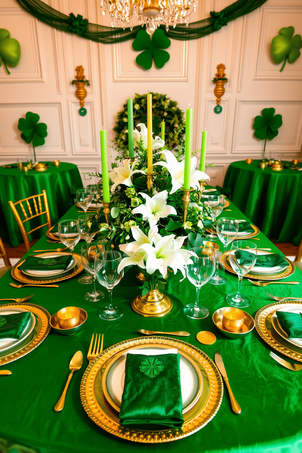 A lavish dining table set for a St. Patrick's Day celebration. The table is adorned with emerald green tablecloths, accented by gold cutlery and delicate glassware, creating an elegant contrast. In the center, a stunning floral arrangement features white lilies and green foliage, complemented by gold and green candles. Surrounding the table, festive decorations like shamrocks and gold coins add a playful touch to the sophisticated setting.