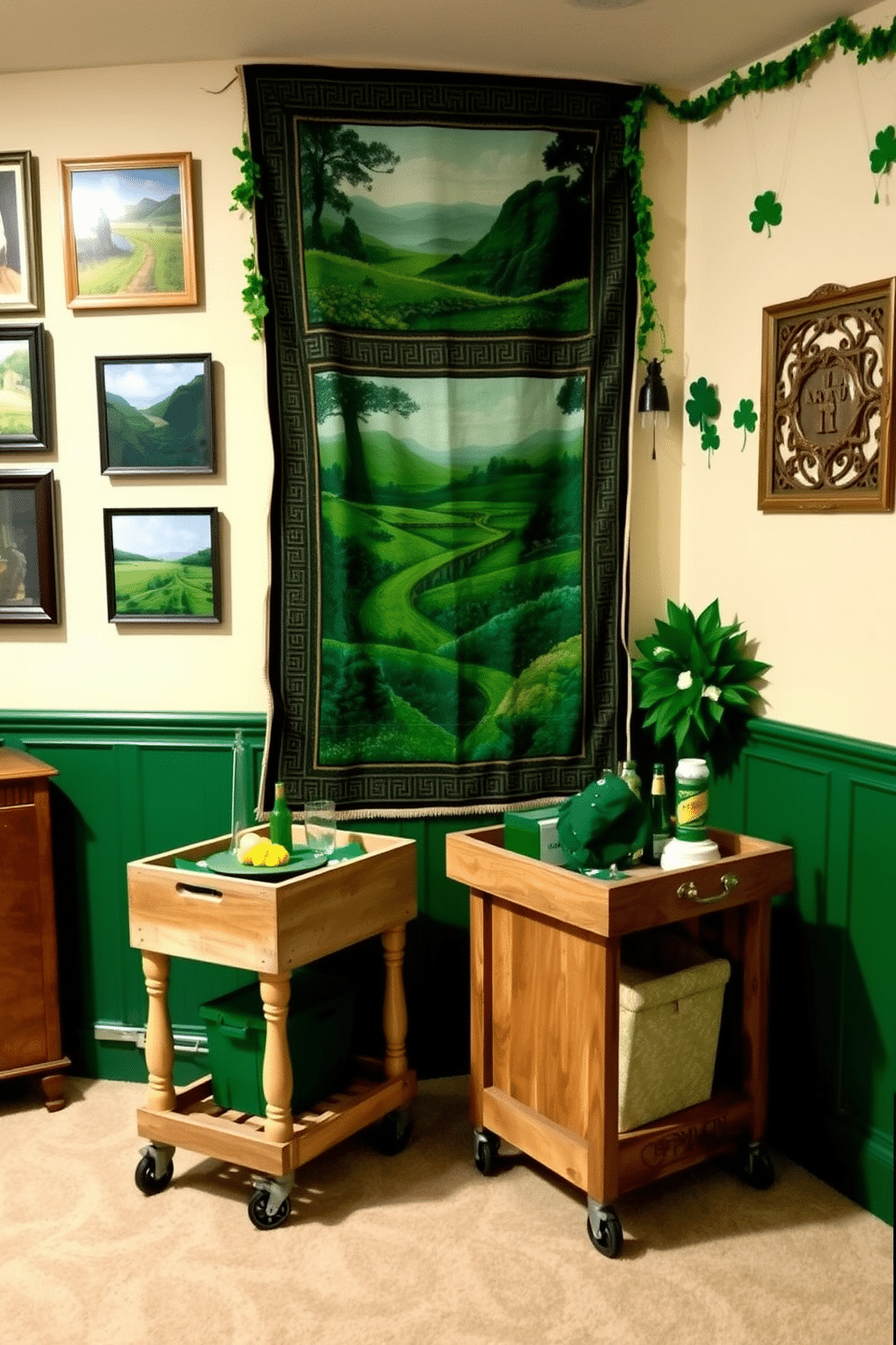 A cozy basement space adorned with Irish-themed artwork, showcasing vibrant green landscapes and traditional Celtic designs. The walls are decorated with framed prints and a large tapestry that captures the spirit of Ireland, complemented by soft ambient lighting. To enhance the St. Patrick's Day atmosphere, incorporate festive decorations such as shamrock garlands and gold accents. A rustic wooden bar cart is set up in the corner, featuring green drinks and themed snacks, creating a welcoming environment for gatherings.