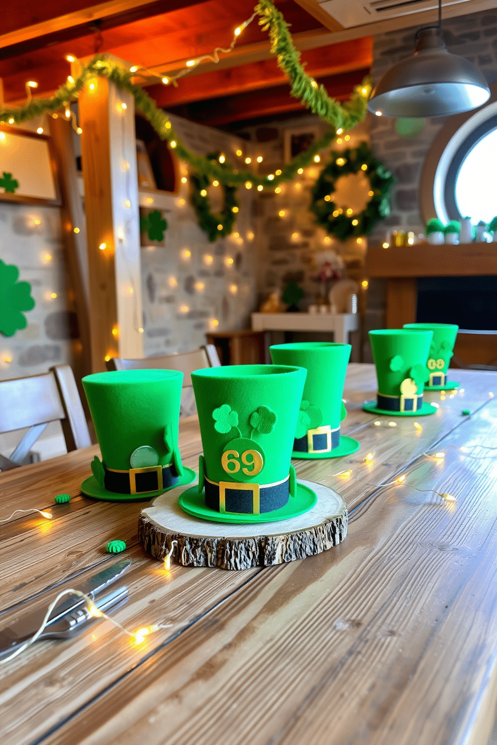 A whimsical basement setting adorned for St. Patrick's Day, featuring vibrant leprechaun hat centerpieces on a rustic wooden table. Each centerpiece is crafted from felt, decorated with gold coins and green shamrocks, surrounded by twinkling fairy lights for a festive ambiance.