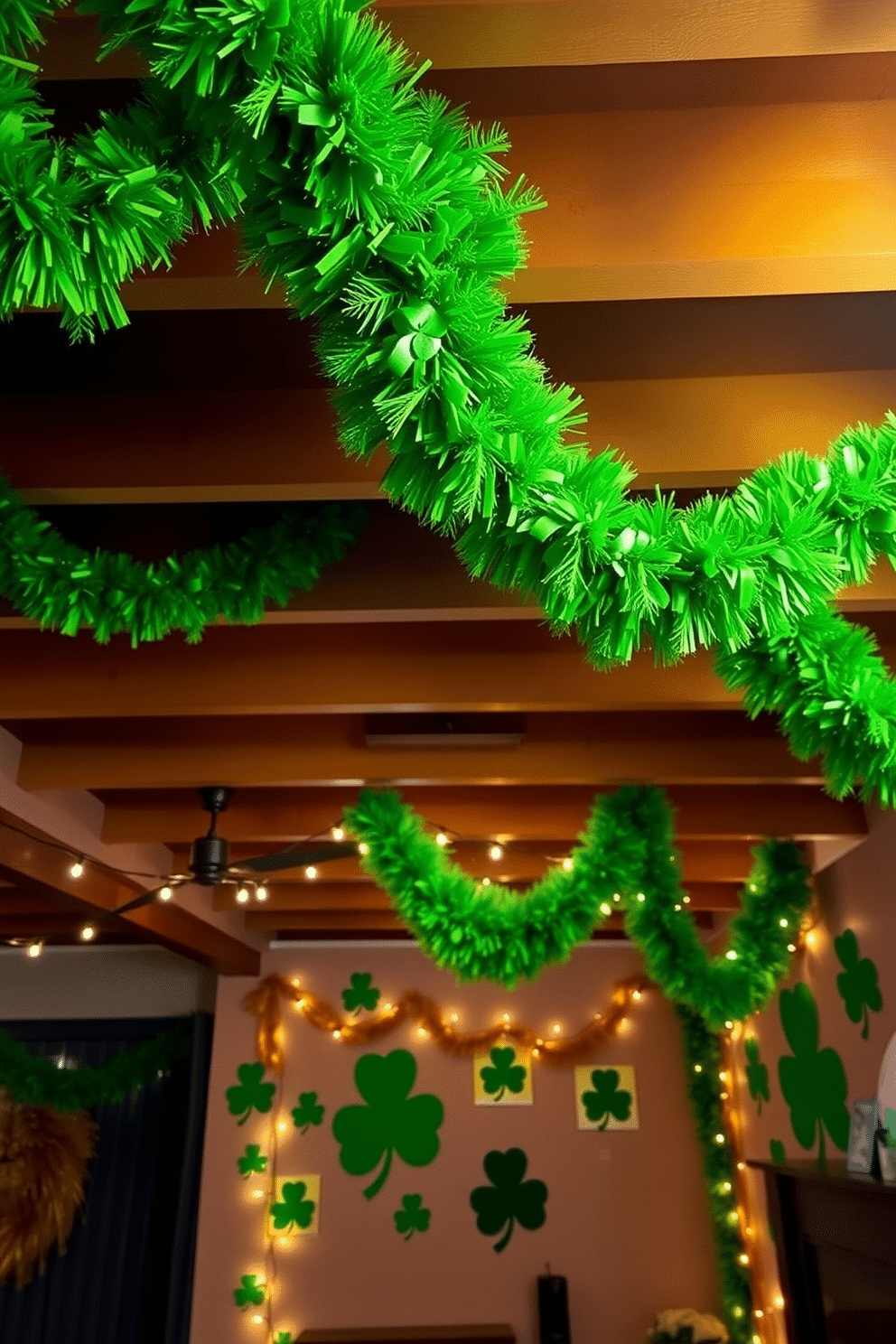 A festive basement setting adorned with lush green and gold garlands draped elegantly across the ceiling beams. The walls are accented with St. Patrick's Day-themed decorations, including shamrock cutouts and twinkling fairy lights that create a warm, inviting ambiance.