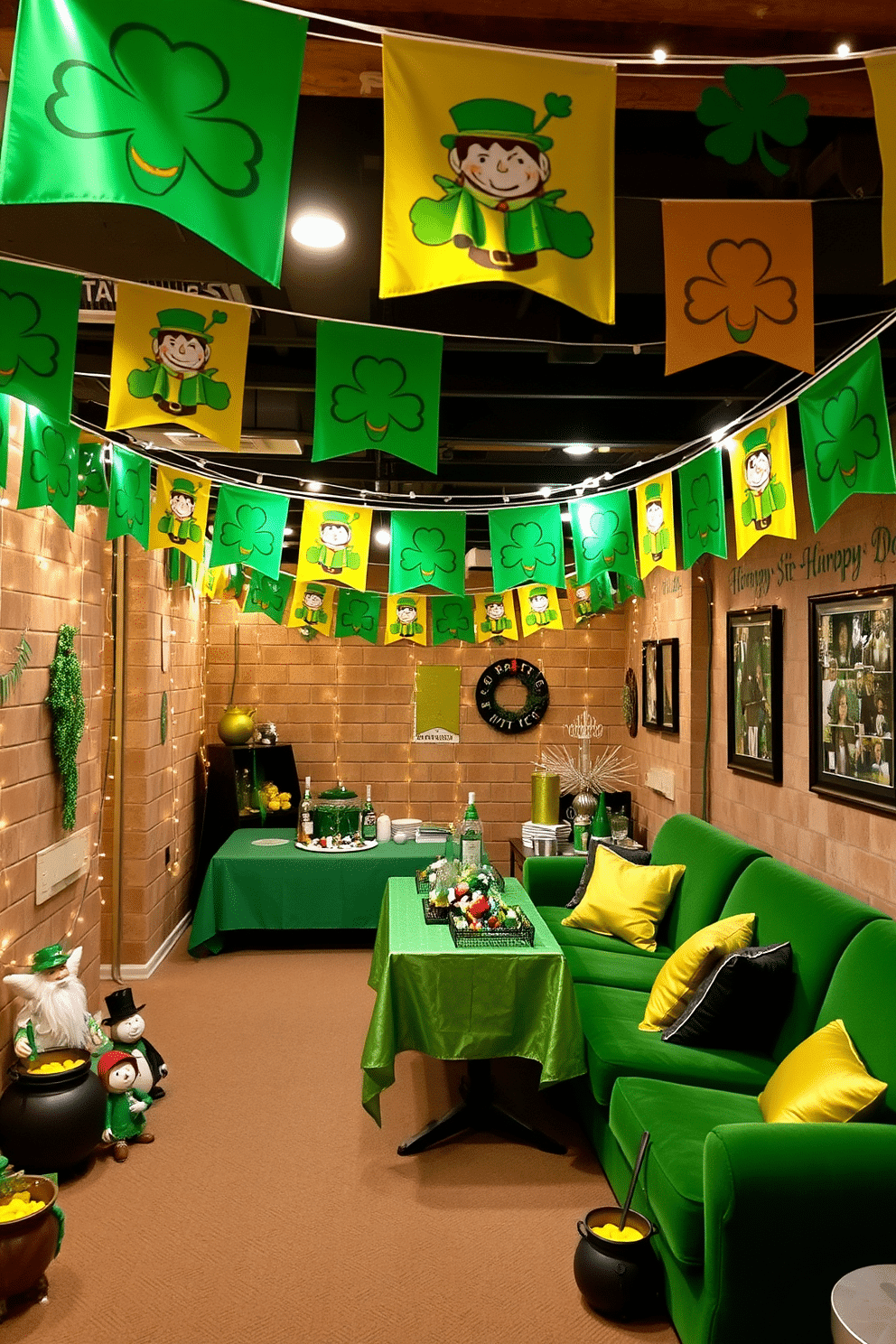 A festive basement setting adorned with vibrant St. Patrick's Day banners hanging from the ceiling, featuring shamrocks and leprechauns in bright green and gold hues. The walls are decorated with twinkling fairy lights, creating a warm ambiance, while a large table is set up for a celebration, covered with a green tablecloth and festive decorations. In one corner, a cozy seating area includes plush green couches with gold accent pillows, inviting guests to relax and enjoy the festivities. A collection of themed decorations, such as pots of gold and miniature leprechauns, are strategically placed around the space to enhance the holiday spirit.