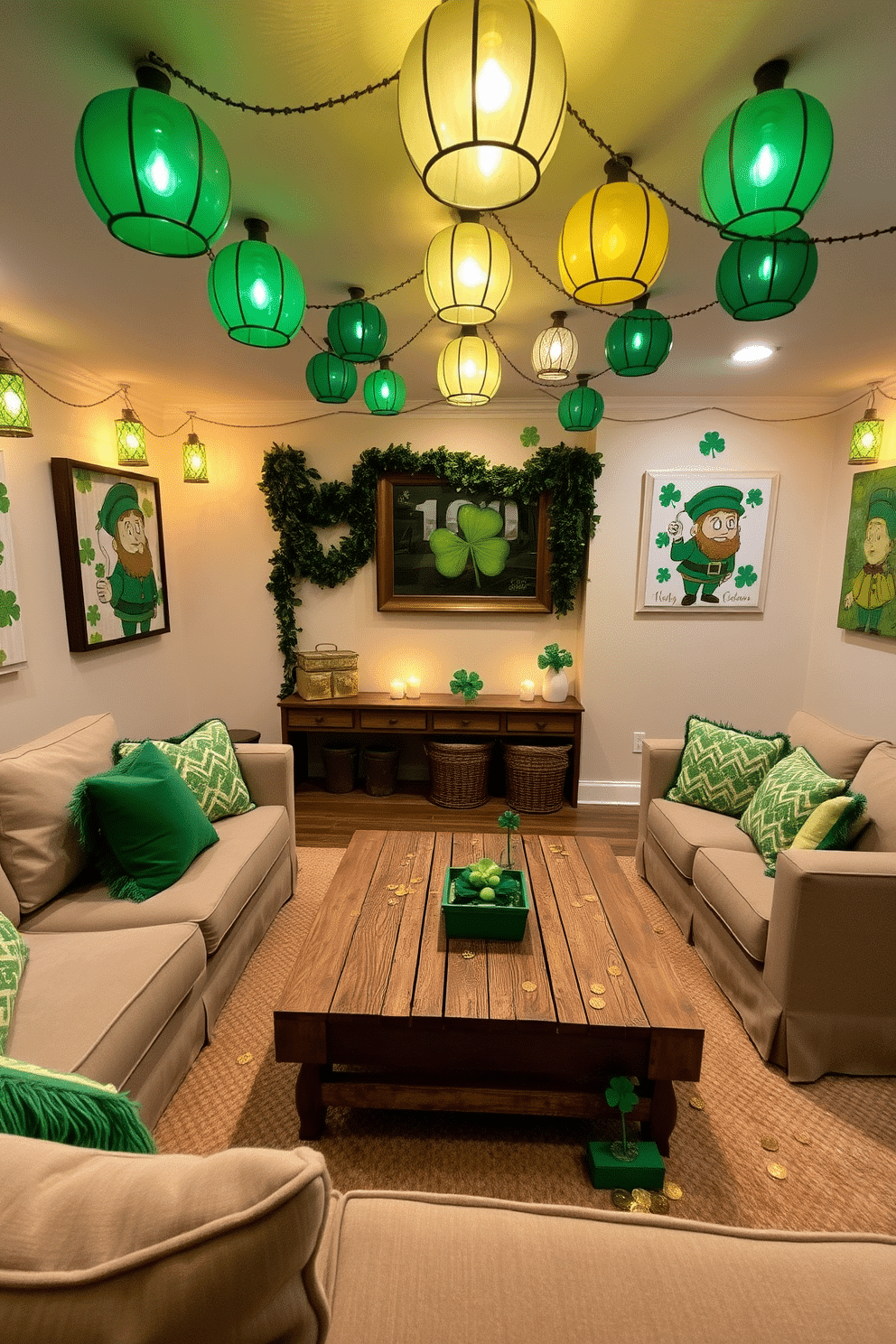 A cozy basement space adorned with green and gold lanterns, casting a warm glow throughout the room. The walls are decorated with festive St. Patrick's Day-themed art, featuring shamrocks and leprechauns, creating a cheerful atmosphere. A large, comfortable sofa in a neutral tone is complemented by plush green and gold throw pillows. A rustic wooden coffee table sits in the center, surrounded by scattered gold coins and small potted shamrocks for an added touch of holiday spirit.