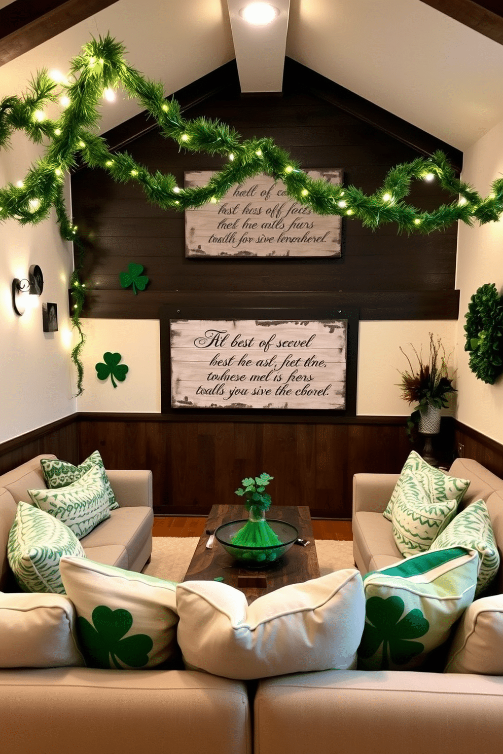 A charming basement space adorned with Irish blessing wall art that features elegant calligraphy on a distressed wooden background. The walls are painted in a soft cream color, providing a warm contrast to the dark wood accents and cozy furnishings. Festive St. Patrick's Day decorations include green garlands draped along the ceiling and twinkling fairy lights that create a magical atmosphere. A large, inviting seating area is arranged around a rustic coffee table, topped with shamrock-themed centerpieces and cozy throw pillows.