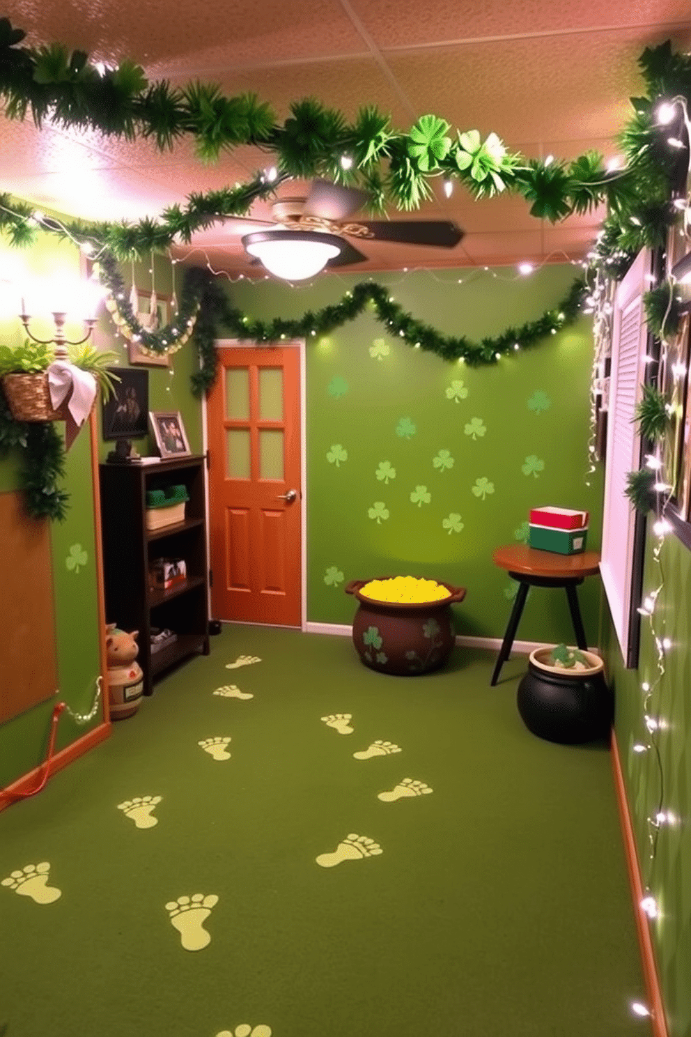 A whimsical basement decorated for St. Patrick's Day features vibrant green walls adorned with playful leprechaun footprints stickers leading to a pot of gold. The space is enhanced with festive garlands, shamrock accents, and twinkling fairy lights that create a warm, inviting atmosphere for celebrations.