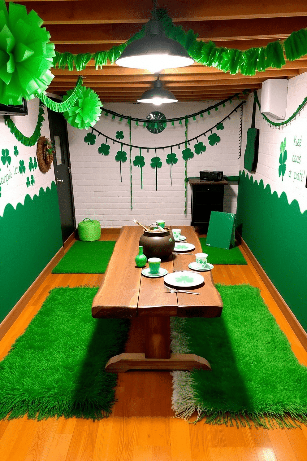 A cozy basement space adorned with green and white rugs that add a vibrant touch to the room. The rugs are layered over a warm wooden floor, creating a welcoming atmosphere perfect for St. Patrick's Day celebrations. Festive decorations in shades of green, including shamrocks and garlands, hang from the walls and ceiling. A rustic wooden table is set up for snacks and drinks, complemented by cheerful tableware featuring Irish motifs.