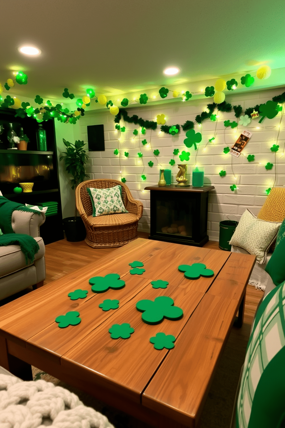 A cozy basement space adorned for St. Patrick's Day features shamrock-shaped coasters scattered across a rustic wooden coffee table. The walls are decorated with green and gold accents, including garlands of shamrocks and twinkling fairy lights that create a festive atmosphere.