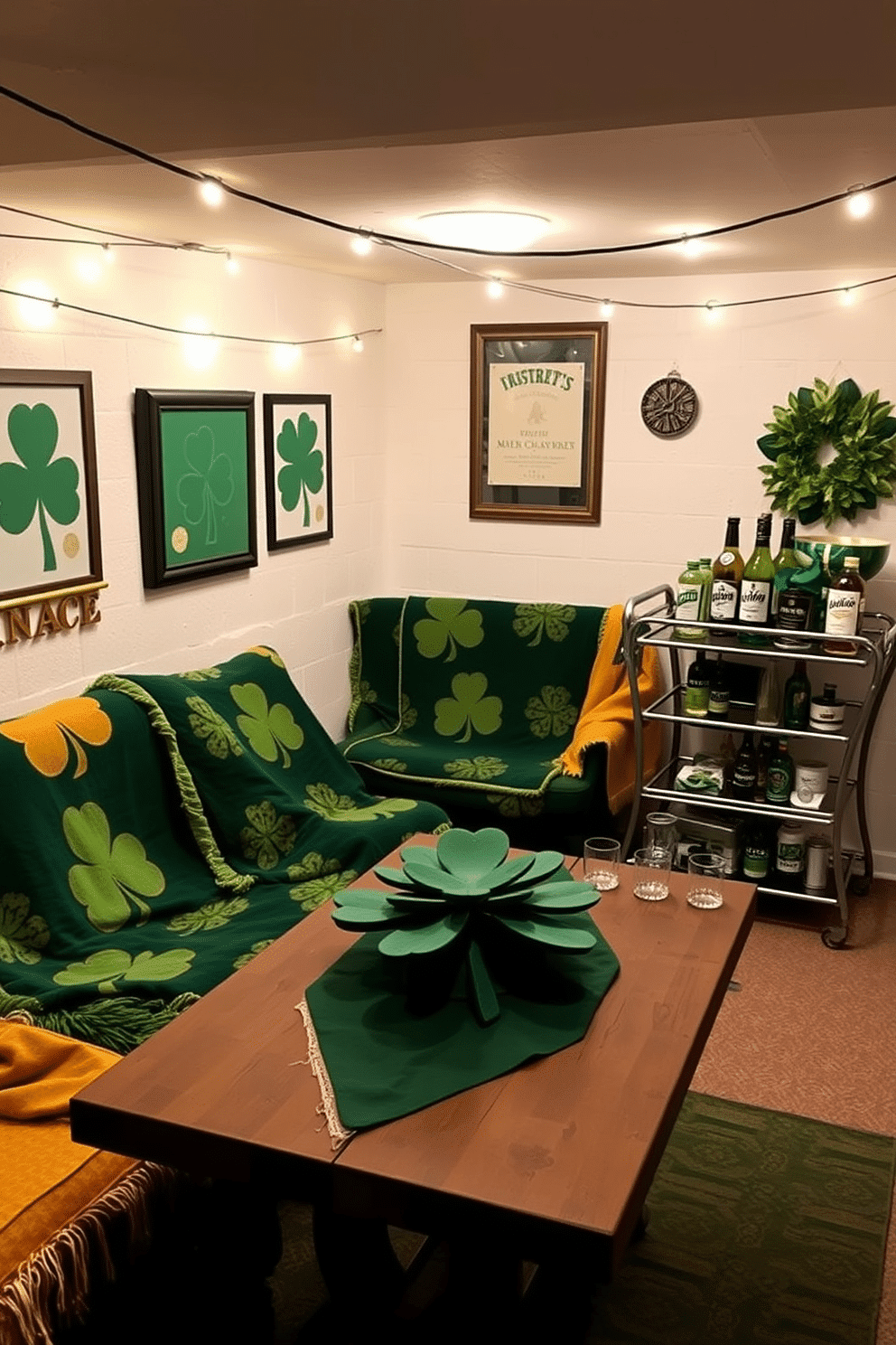 A cozy basement space adorned with Irish-themed throw blankets in various shades of green and gold. The walls are decorated with festive St. Patrick's Day artwork, and a large shamrock centerpiece sits on a rustic wooden table. String lights in warm white illuminate the area, creating a welcoming atmosphere for gatherings. A vintage bar cart stocked with Irish beverages complements the decor, enhancing the festive spirit of the celebration.