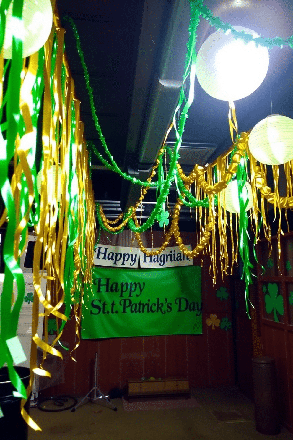 A festive basement setting adorned with vibrant green and gold streamers cascading from the ceiling. The walls are decorated with shamrock cutouts, and a large banner reading 