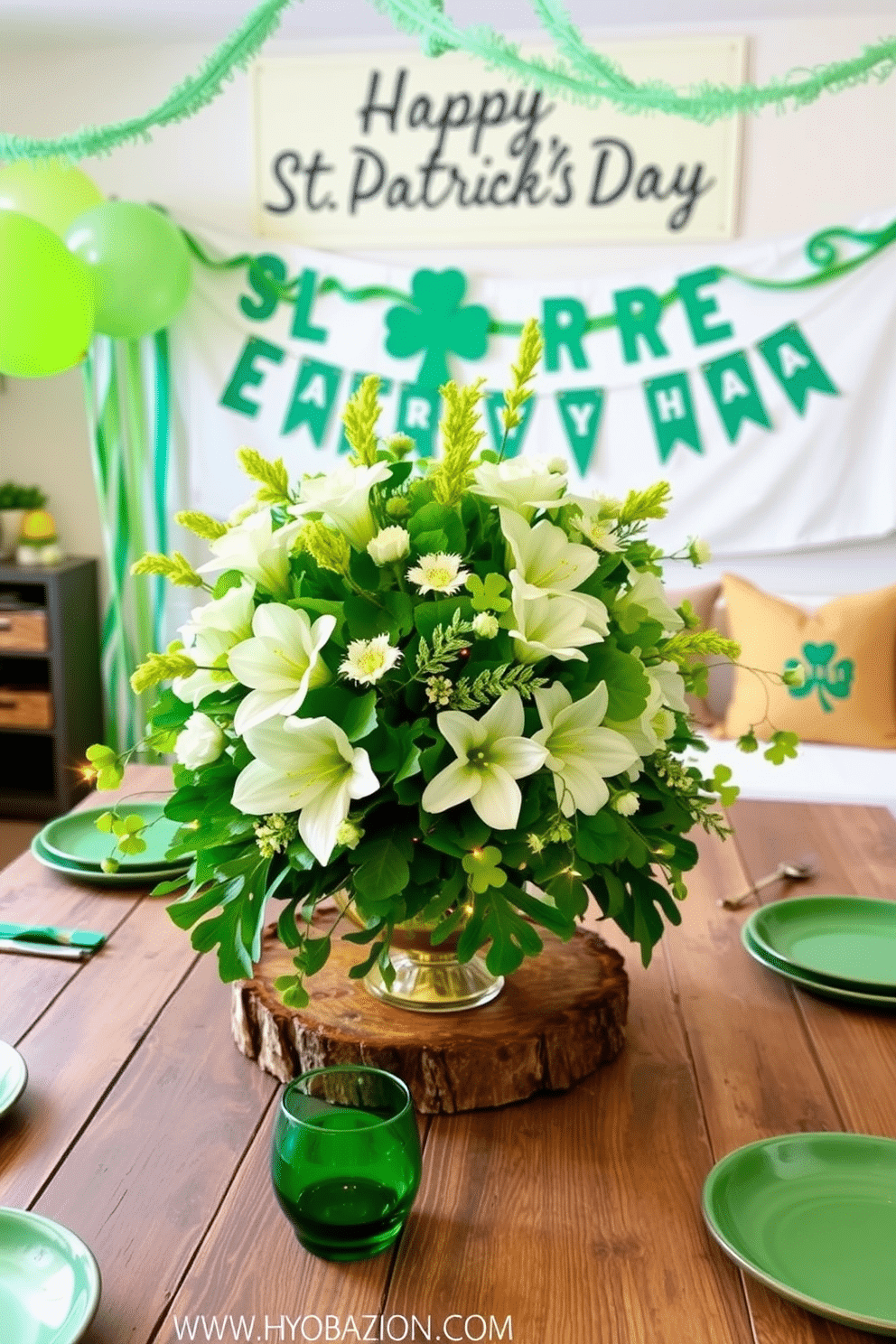 A vibrant St. Patrick's Day centerpiece features a lush arrangement of green and white flowers, complemented by small gold accents and decorative shamrocks. The centerpiece is placed on a rustic wooden table, surrounded by twinkling fairy lights and festive green tableware. For basement St. Patrick's Day decorating ideas, envision a cozy space adorned with green streamers and balloons, creating a festive atmosphere. Add a large banner with 