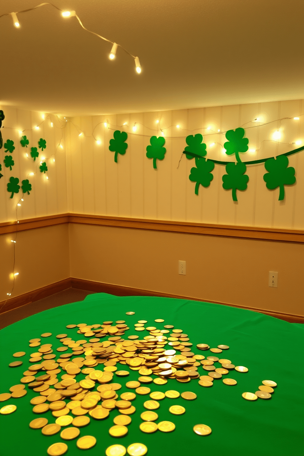 A festive basement decorated for St. Patrick's Day features a playful scattering of gold coins across a green felt tablecloth. The walls are adorned with vibrant shamrock banners, and twinkling fairy lights add a cheerful ambiance to the space.