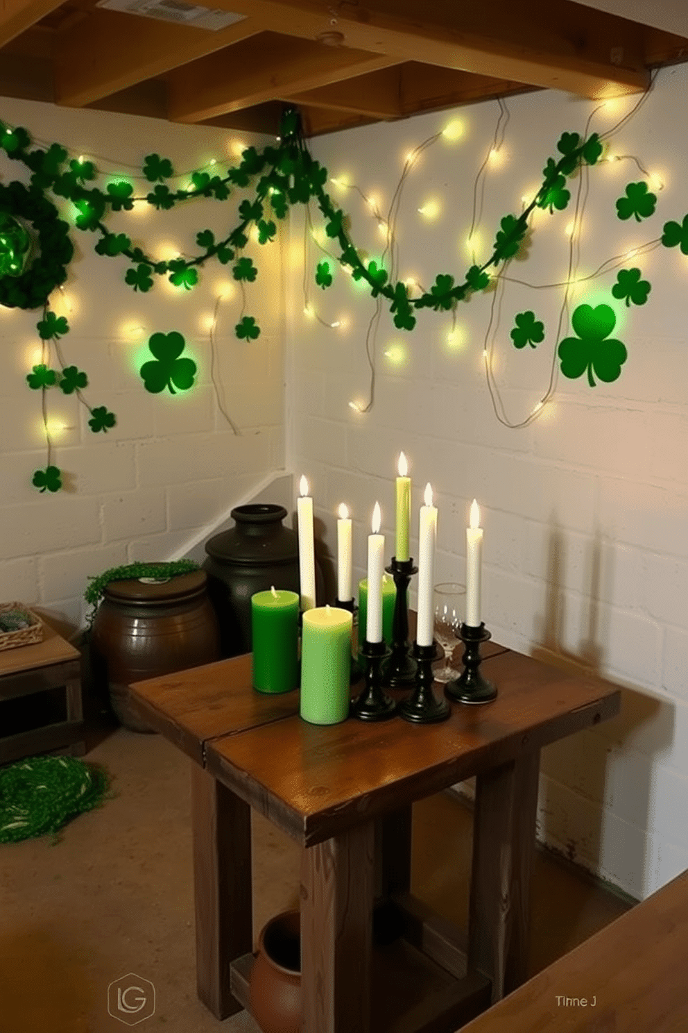 A cozy basement setting for St. Patrick's Day, featuring a cluster of green and white candles arranged on a rustic wooden table. The walls are adorned with festive decorations, including shamrock garlands and twinkling fairy lights, creating a warm and inviting atmosphere.