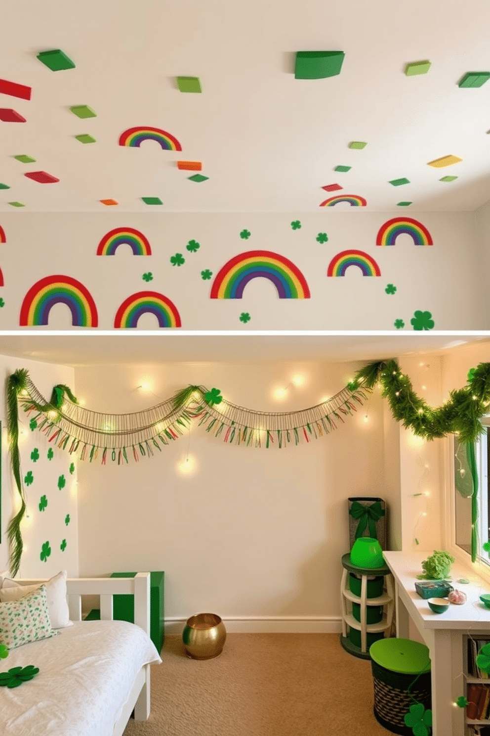 A vibrant children's room adorned with rainbow wall decals that create a playful and cheerful atmosphere. The decals feature various colors and designs, bringing life to the otherwise neutral walls. A cozy basement transformed for St. Patrick's Day celebrations, featuring green and gold decorations throughout the space. Festive garlands, shamrock accents, and twinkling fairy lights create an inviting and festive ambiance perfect for gatherings.