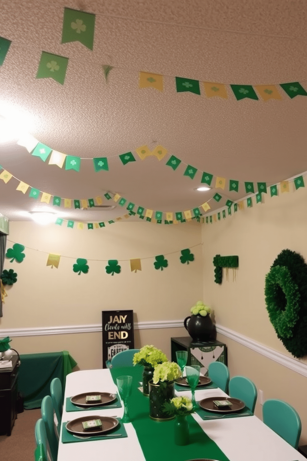 A festive basement decorated for St. Patrick's Day features vibrant Irish flag bunting draped across the ceiling, creating a cheerful atmosphere. The walls are adorned with green and gold accents, while a table is set with themed decorations, including shamrock centerpieces and green tableware.