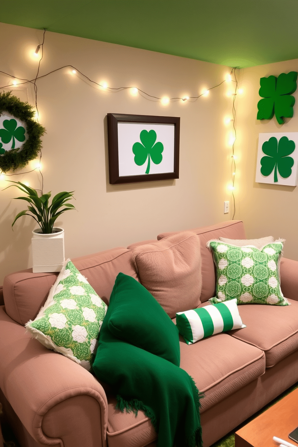 A cozy basement lounge area decorated for St. Patrick's Day features a plush sofa adorned with green and white throw pillows, creating a festive yet inviting atmosphere. The walls are adorned with shamrock-themed art, and twinkling fairy lights add a warm glow to the space, enhancing the celebratory vibe.