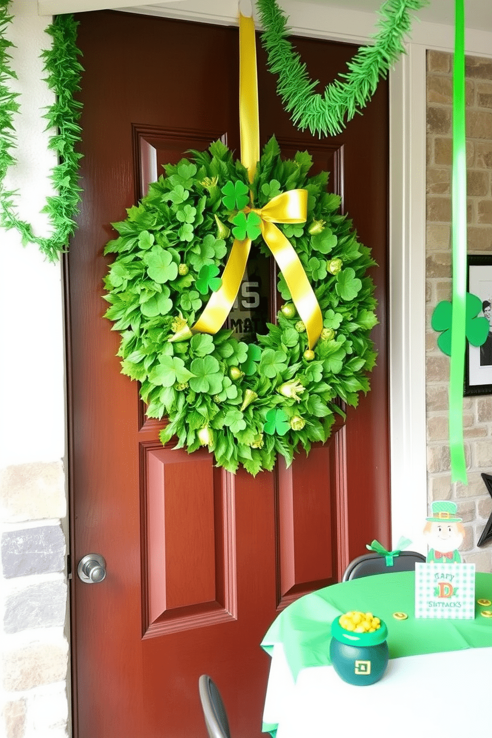 A festive St. Patrick's Day wreath adorns the front door, crafted from lush green foliage and accented with vibrant shamrocks and golden ribbons. The wreath's cheerful colors invite guests to celebrate the holiday, embodying the spirit of luck and joy. In the basement, playful St. Patrick's Day decorations transform the space into a lively gathering area. Streamers in shades of green hang from the ceiling, while tables are adorned with themed tablecloths and centerpieces featuring pots of gold and leprechauns.