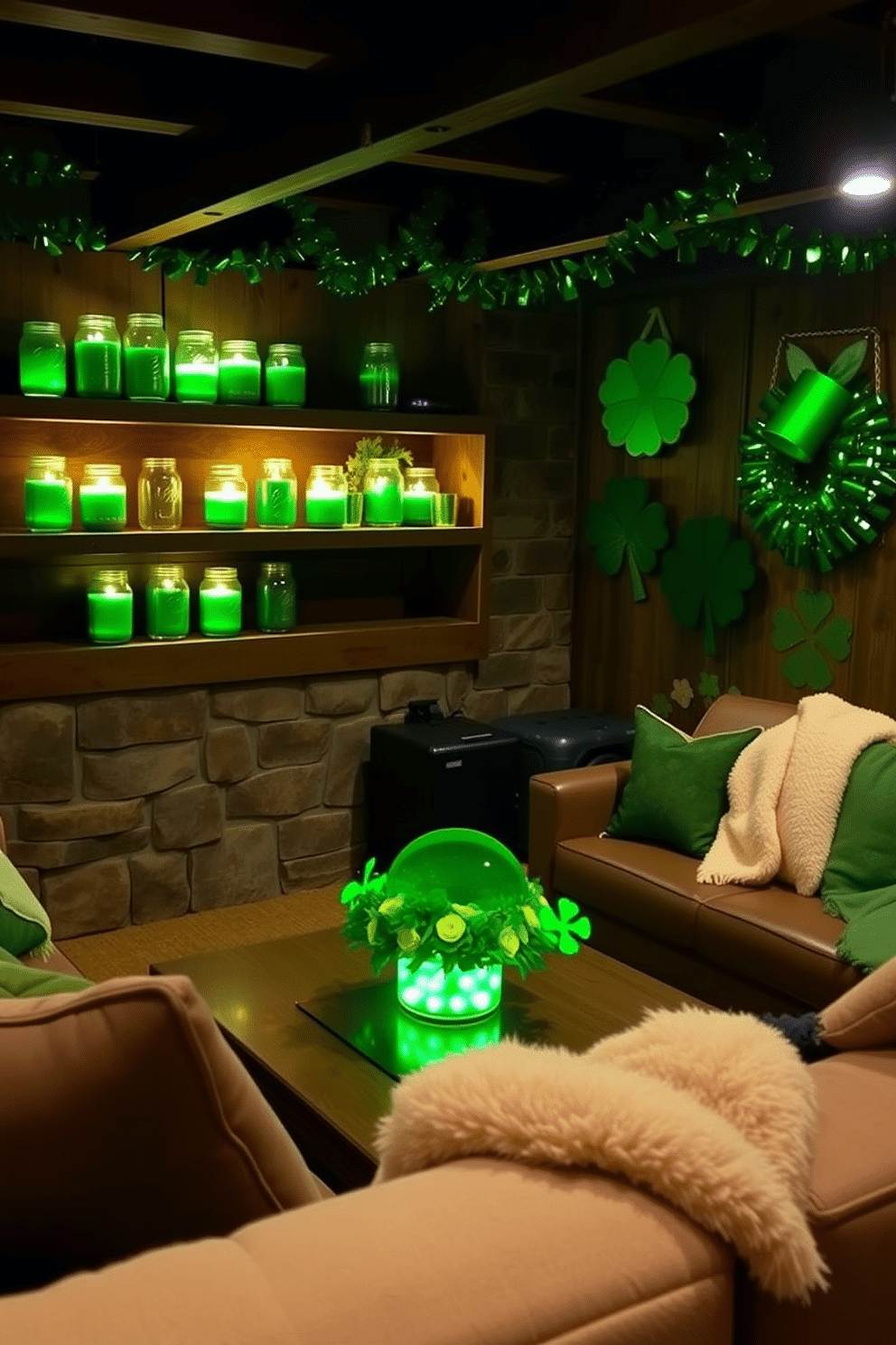 A cozy basement setting adorned for St. Patrick's Day. Mason jars filled with green candles are scattered across the rustic wooden shelves, casting a warm glow in the dimly lit space. The walls are draped with festive green and gold decorations, celebrating the holiday spirit. A vibrant shamrock centerpiece sits on the coffee table, surrounded by plush seating and soft throw blankets.