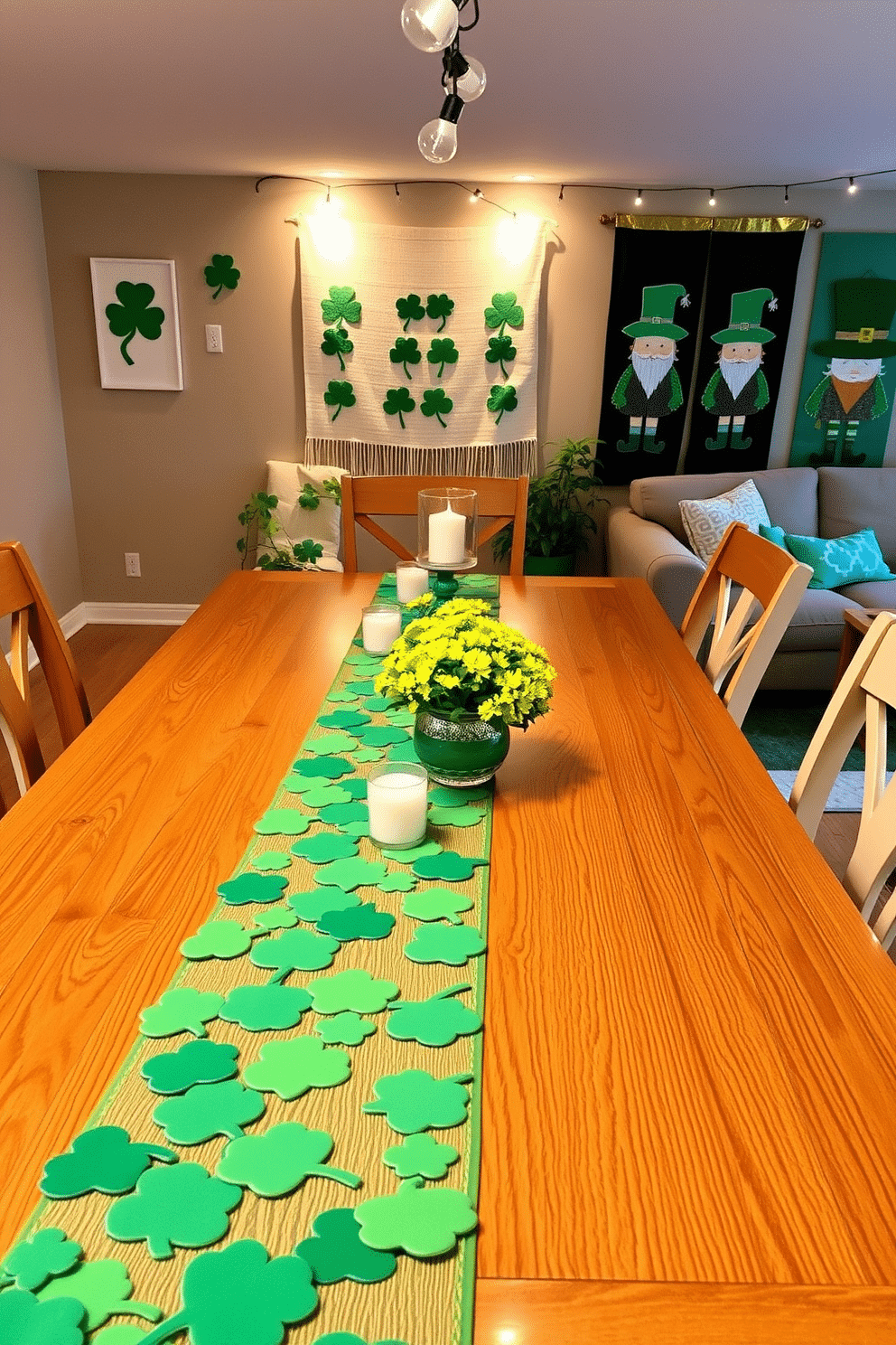 A vibrant shamrock table runner stretches across a polished oak dining table, adorned with small white candles and clusters of fresh green flowers. The backdrop features soft, ambient lighting that enhances the festive atmosphere, creating a warm and inviting space for St. Patrick's Day celebrations. In the basement, green and gold accents are strategically placed to evoke the spirit of the holiday. Wall hangings of shamrocks and leprechauns complement a cozy seating area, while twinkling string lights add a whimsical touch to the decor.