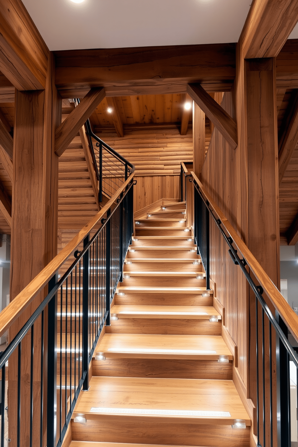 A rustic wood staircase features exposed wooden beams and rich, textured planks that create a warm and inviting atmosphere. Metal accents, such as handrails and decorative brackets, add a contemporary touch, contrasting beautifully with the natural wood tones. The basement staircase is designed with functionality in mind, incorporating built-in LED lighting along the steps for safety and ambiance. A mix of reclaimed wood and sleek metal finishes enhances the modern rustic aesthetic, making the space feel both stylish and welcoming.