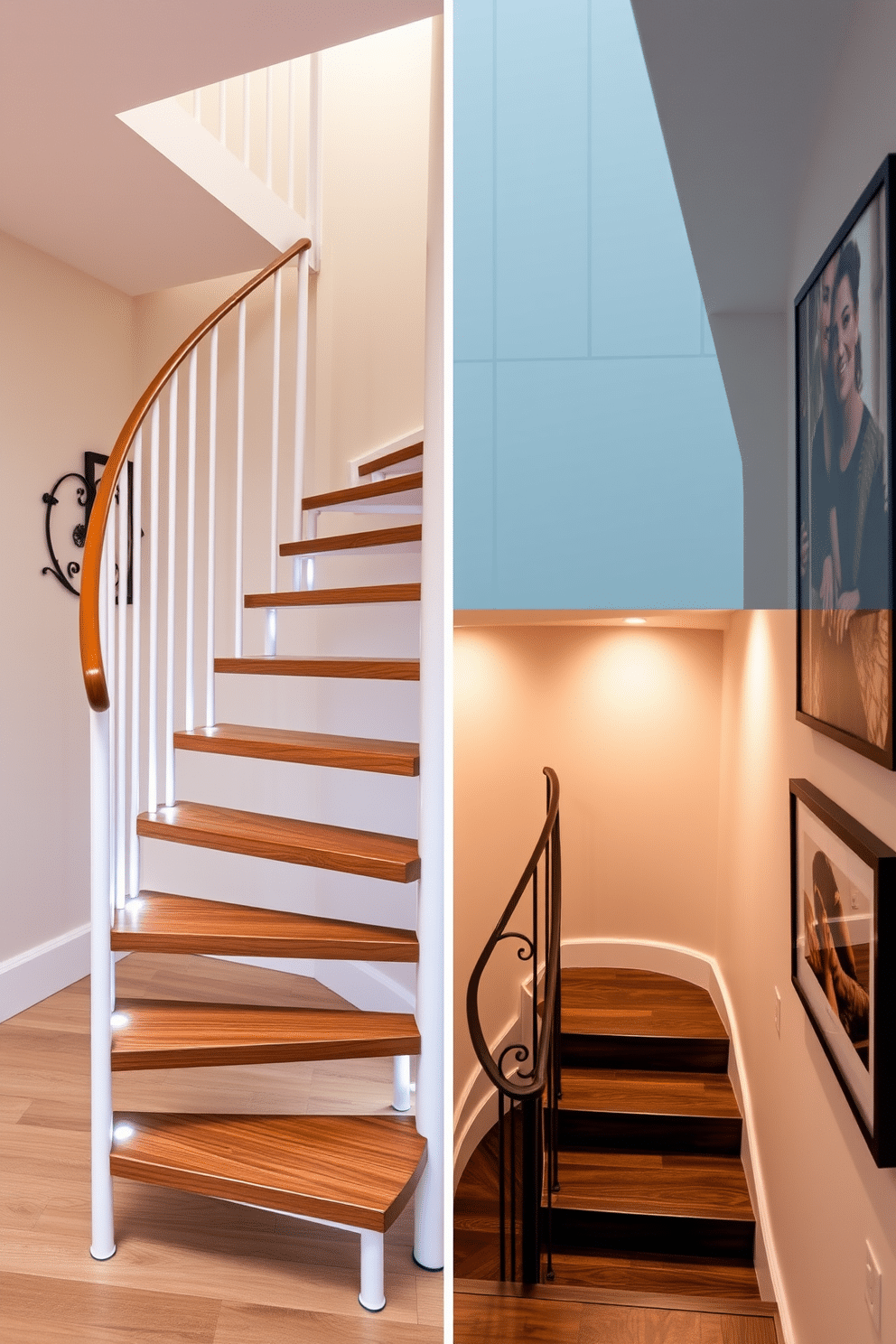 A sleek spiral staircase designed for compact spaces, featuring a minimalist metal frame and wooden treads that create an airy feel. The staircase is painted in a soft white finish, with subtle LED lighting integrated into the handrail for a modern touch. A stylish basement staircase that combines functionality with elegance, showcasing dark wood steps and a wrought iron railing. The staircase is illuminated by recessed lighting, highlighting the rich textures of the surrounding walls adorned with contemporary art.