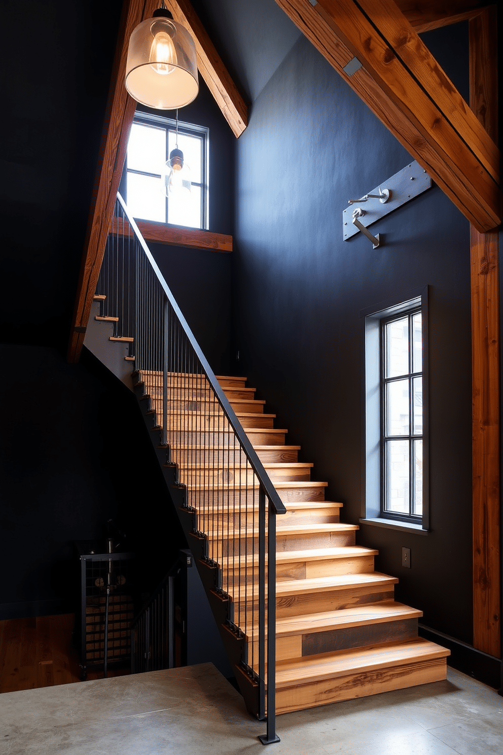 A striking industrial-style staircase features exposed wooden beams that add character and depth to the space. The steps are made of reclaimed wood, and the railing is a sleek metal design, creating a perfect blend of rustic charm and modern aesthetics. The staircase is illuminated by pendant lights that hang from the ceiling, casting a warm glow on the surroundings. The walls are painted in a deep charcoal color, enhancing the industrial vibe, while the floor is adorned with polished concrete that complements the overall design.