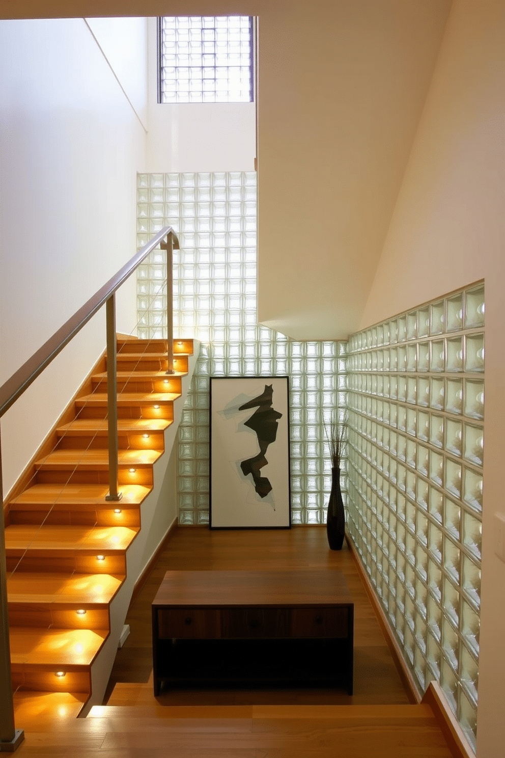 A modern basement staircase features a glass block wall that allows natural light to filter through, creating an inviting atmosphere. The staircase is framed with sleek metal railings and complemented by warm wood treads, enhancing the contemporary aesthetic. The design incorporates built-in LED lighting along the edges of the steps, illuminating the pathway and highlighting the glass blocks' textures. A minimalist landing area at the bottom showcases a stylish console table and a piece of abstract art, adding character to the space.