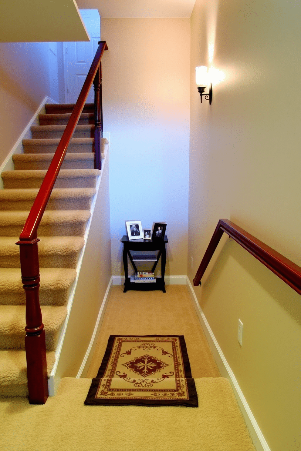 A cozy basement staircase features plush carpeting that adds warmth and comfort underfoot. The walls are painted in a soft, neutral tone, with stylish wall sconces providing ambient lighting along the ascent. At the base of the stairs, a decorative runner in a subtle pattern enhances the visual appeal, while a small console table is placed nearby to display family photos. The handrail is crafted from rich wood, providing a classic contrast to the modern elements of the design.