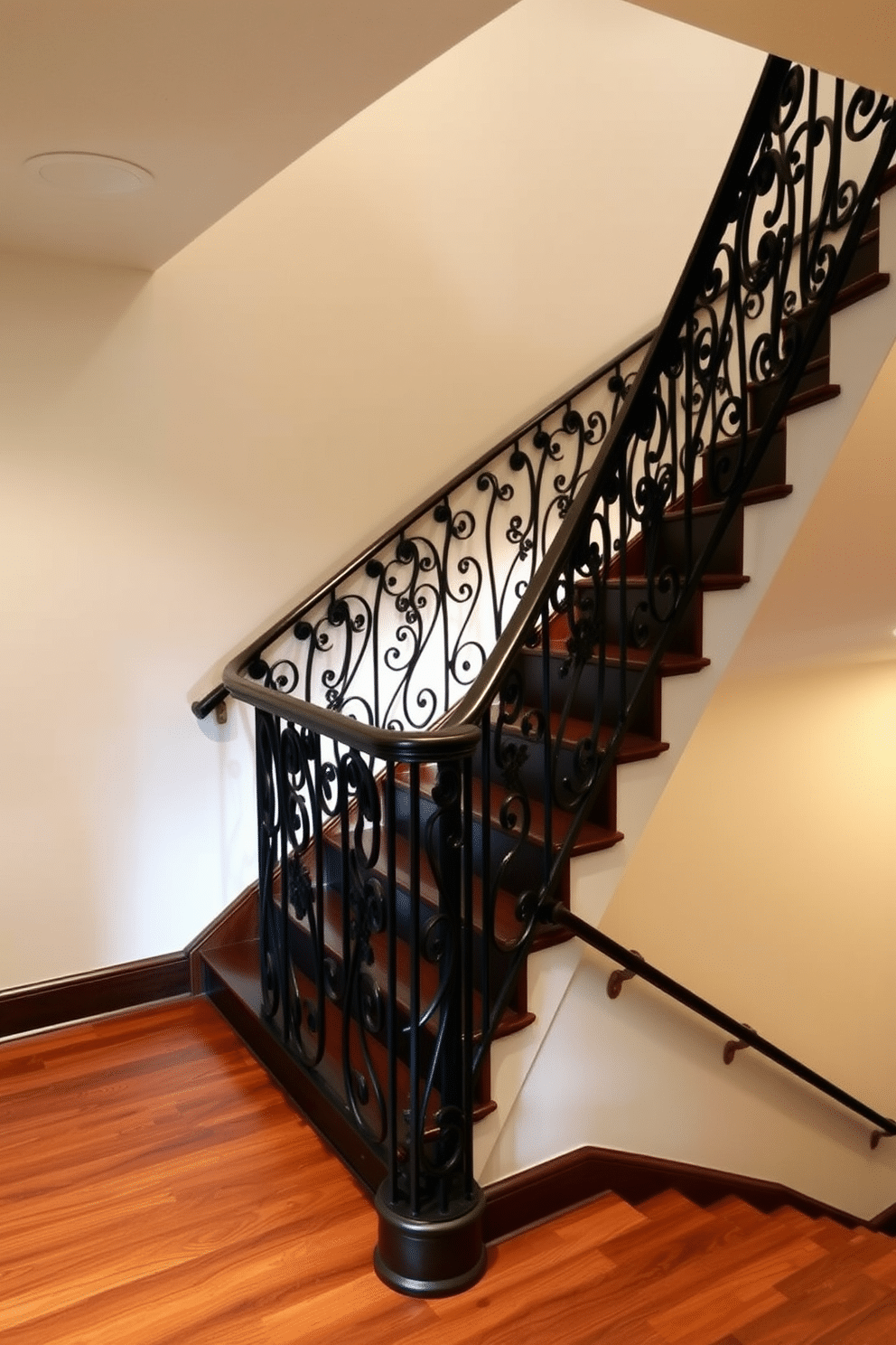 A stunning basement staircase featuring a wrought iron railing adorned with intricate decorative details. The railing elegantly curves alongside the staircase, which is finished with rich hardwood steps that contrast beautifully with the soft, ambient lighting.