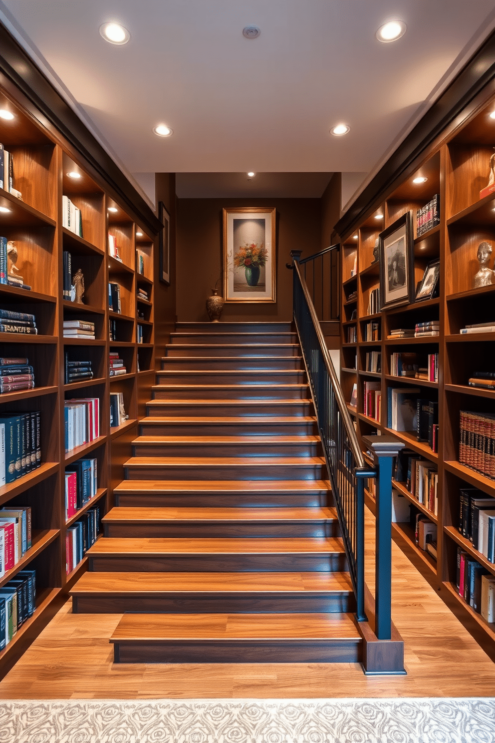 A grand staircase with built-in bookshelves flanks both sides, creating a cozy and inviting atmosphere. The shelves are filled with a curated collection of books and decorative items, illuminated by soft, recessed lighting. The staircase features elegant wooden steps with a rich finish, complemented by a sleek metal railing. The walls are adorned with framed artwork, enhancing the aesthetic appeal of the space while leading down to the basement.