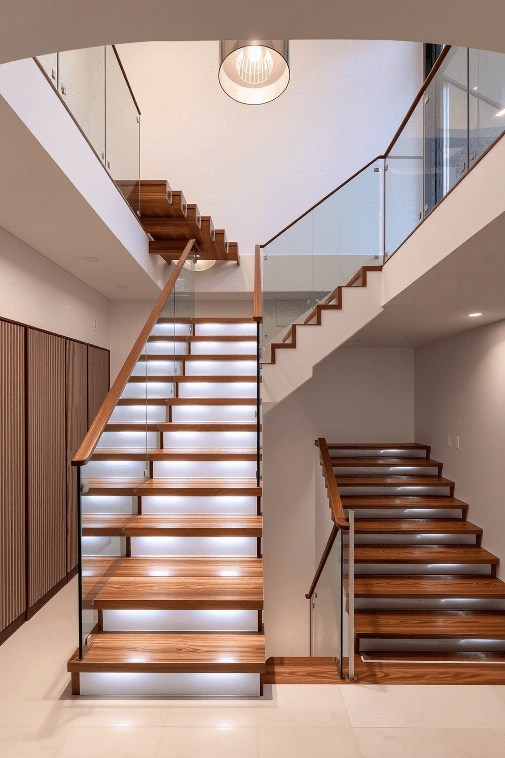 A stunning multi-level staircase gracefully ascends, featuring a blend of materials such as rich hardwood and sleek glass railings. Each level varies in height, creating an artistic flow that draws the eye upward, with strategically placed LED lighting illuminating the steps. The basement staircase showcases a modern design, incorporating a minimalist aesthetic with clean lines and a neutral color palette. Textured wall panels flank the staircase, adding depth and interest, while a contemporary pendant light fixture hangs above, casting a warm glow throughout the space.